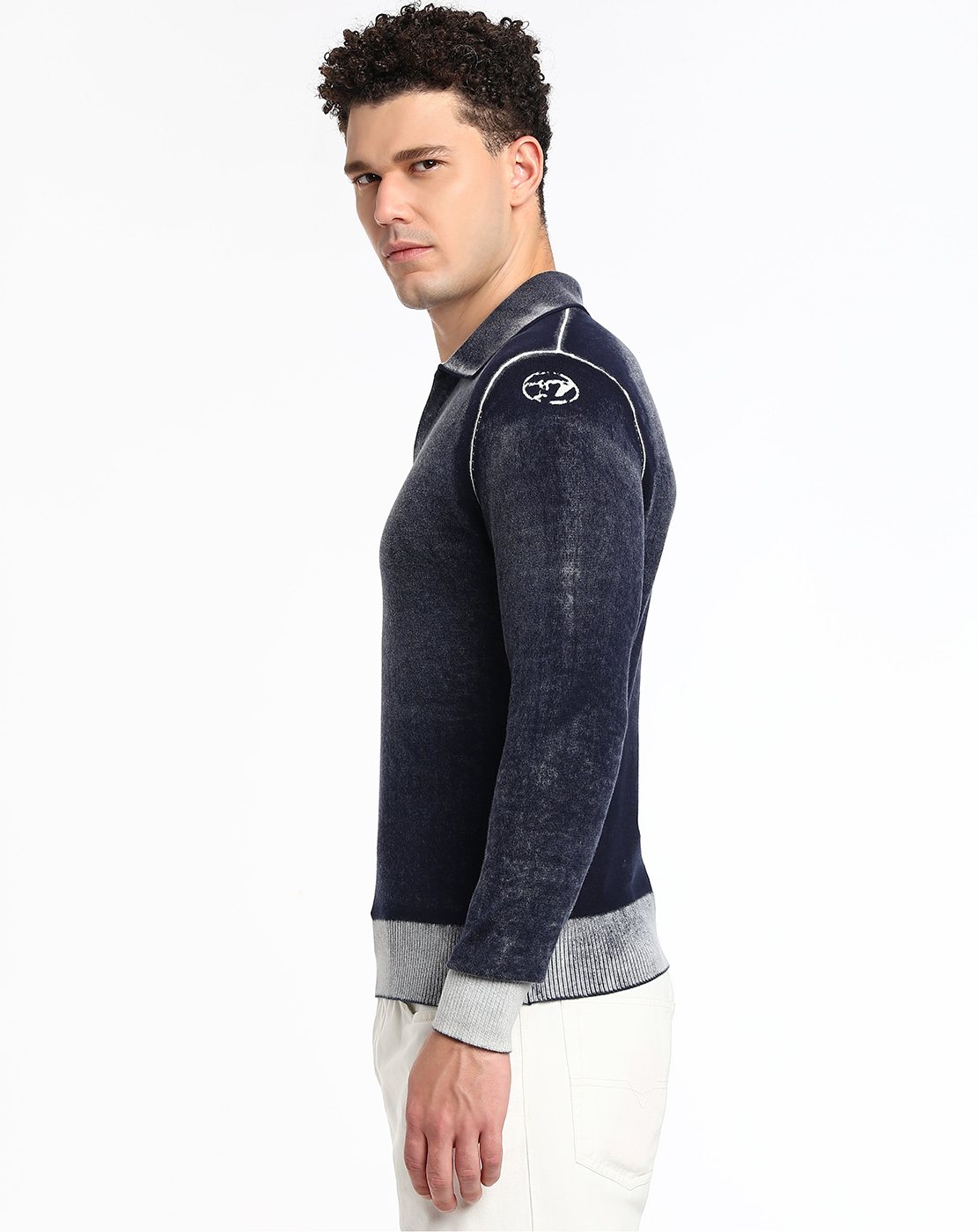 Blue Reverse-print polo jumper