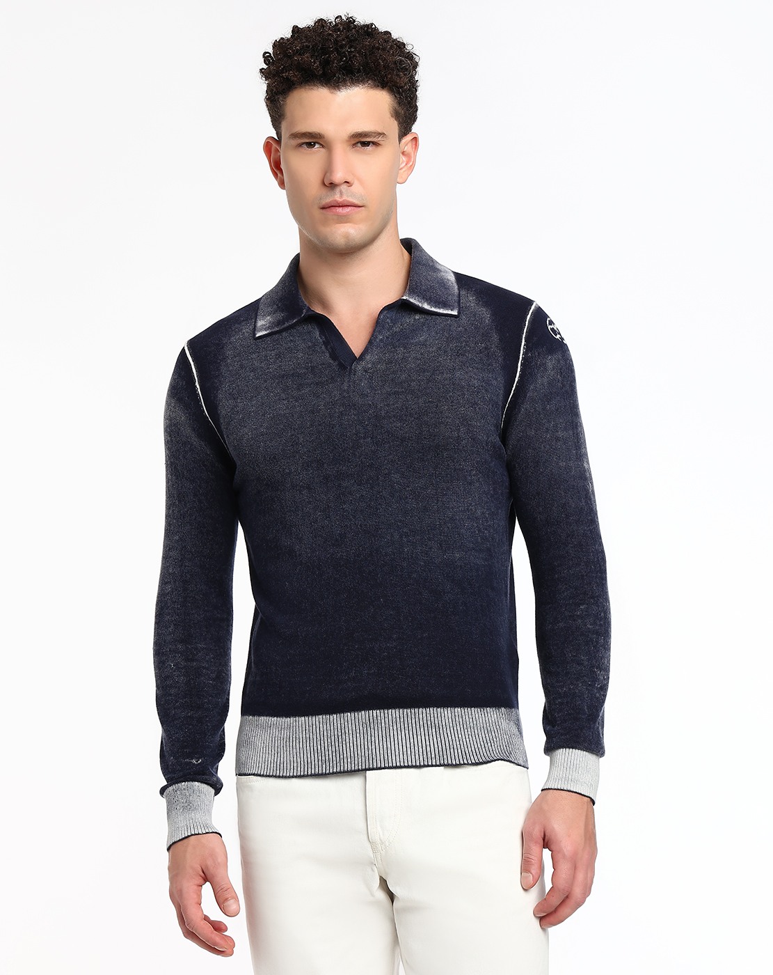 Blue Reverse-print polo jumper