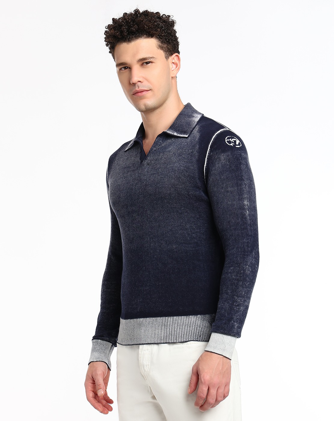 Blue Reverse-print polo jumper