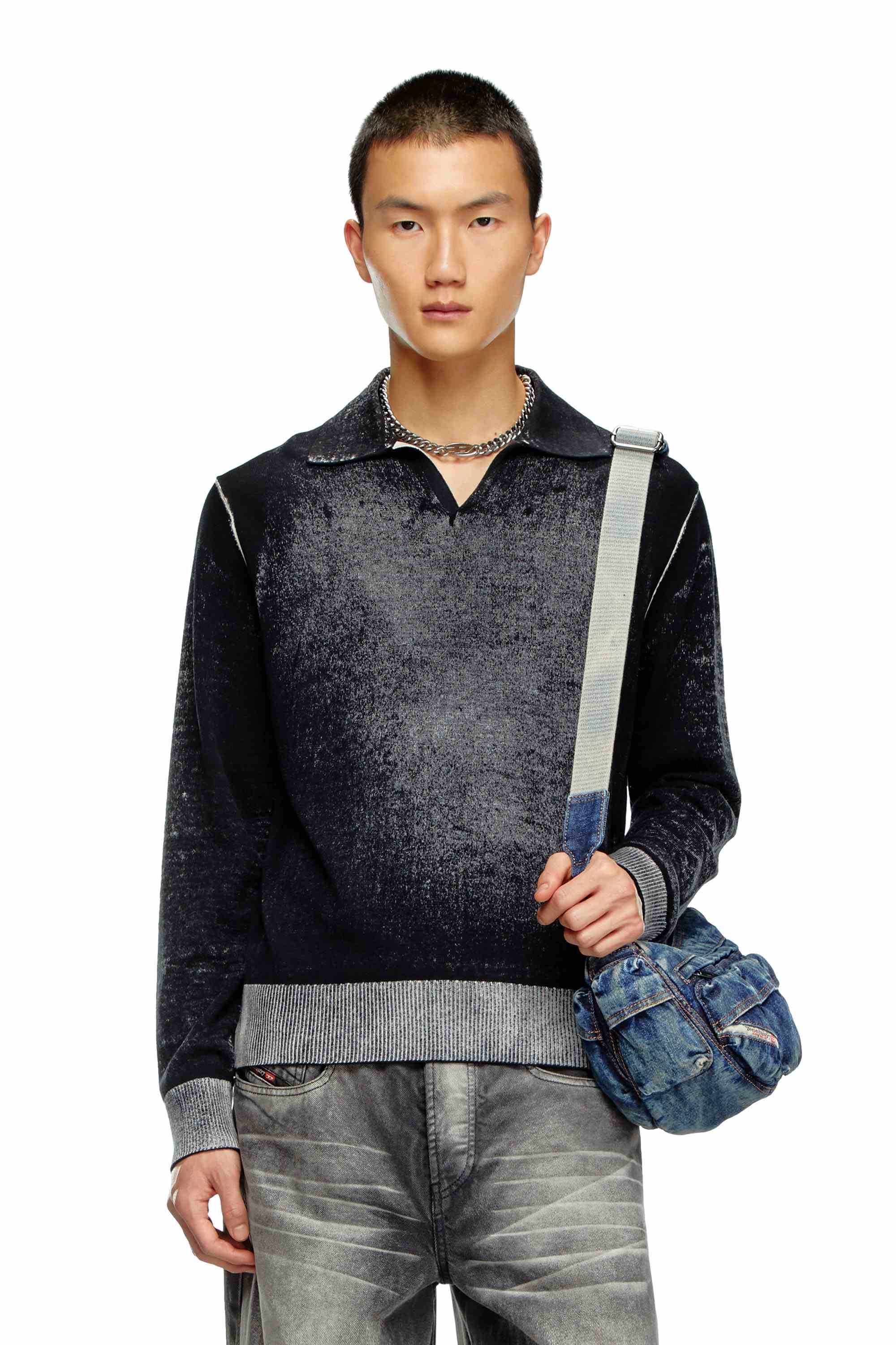 Black Reverse-print polo jumper