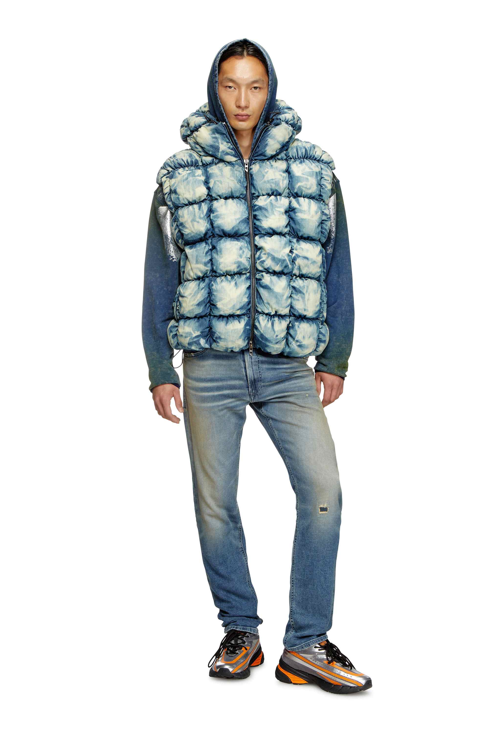 Blue Tie-dyed denim puffer vest