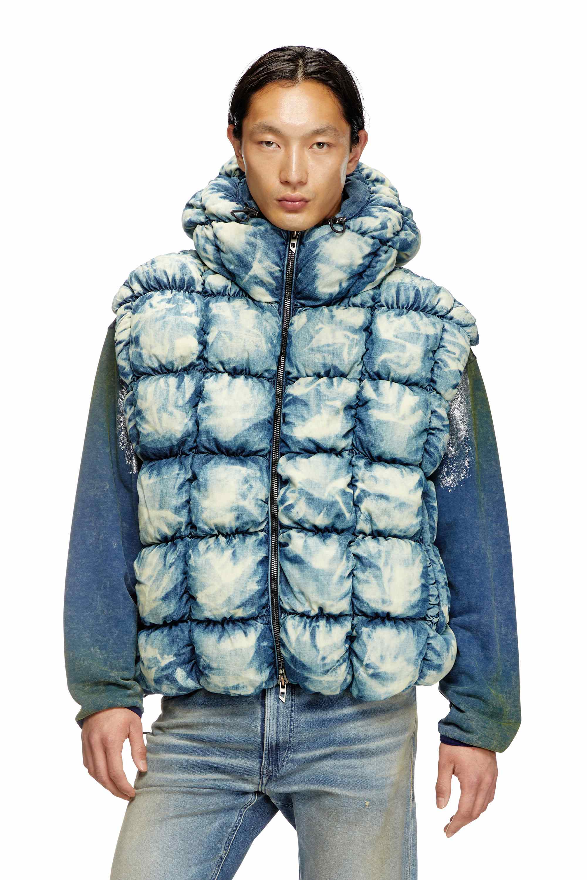Blue Tie-dyed denim puffer vest