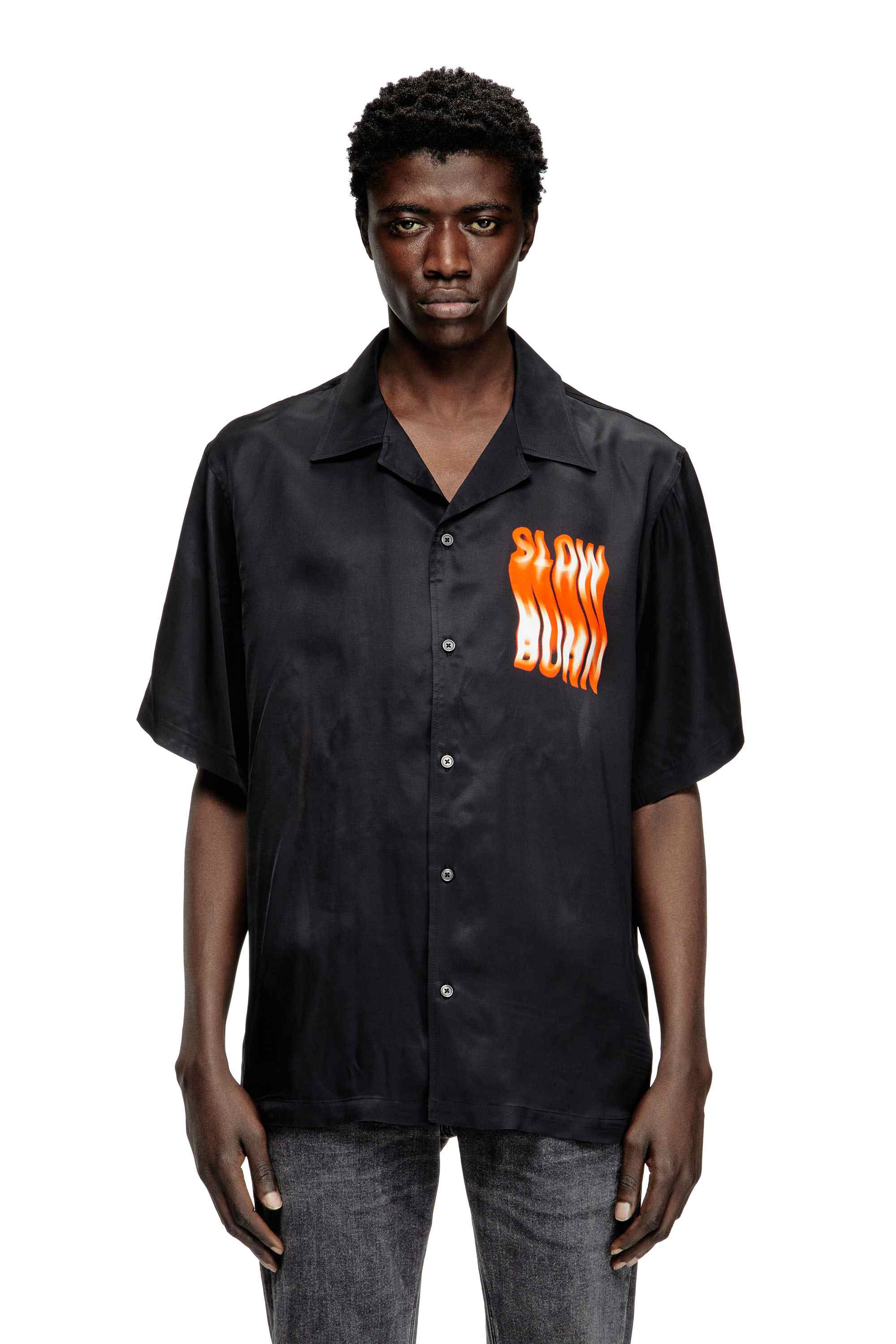 Black Slow Burn slogan shirt in fluid fabric