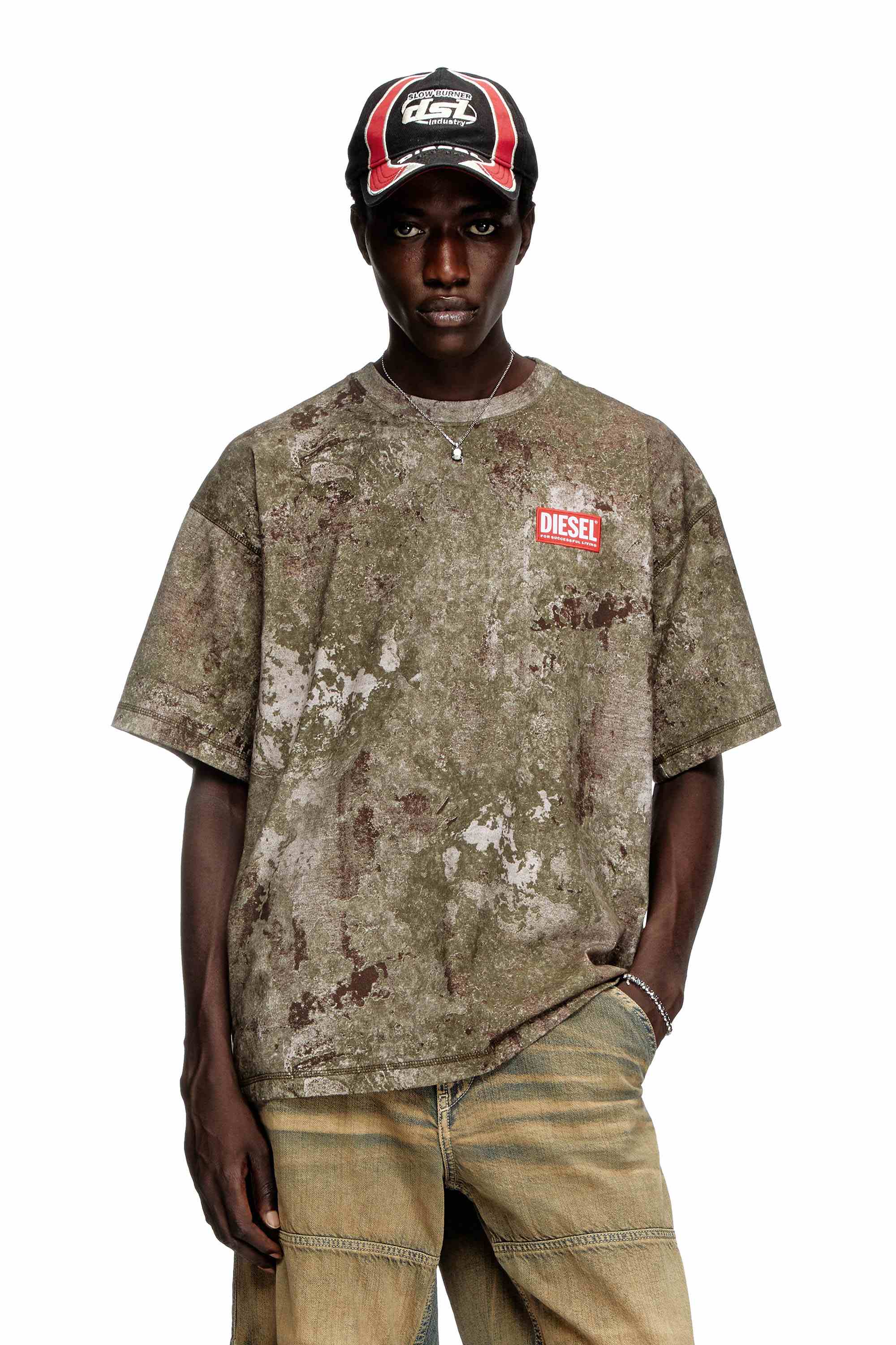 Military Green Marble-effect burnout T-shirt