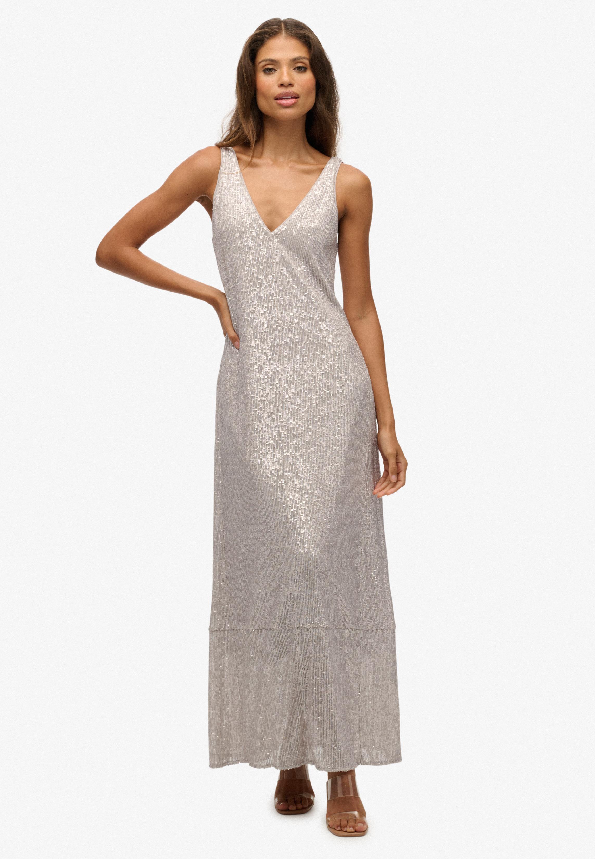 MAXI SEQUIN V NECK DRESS