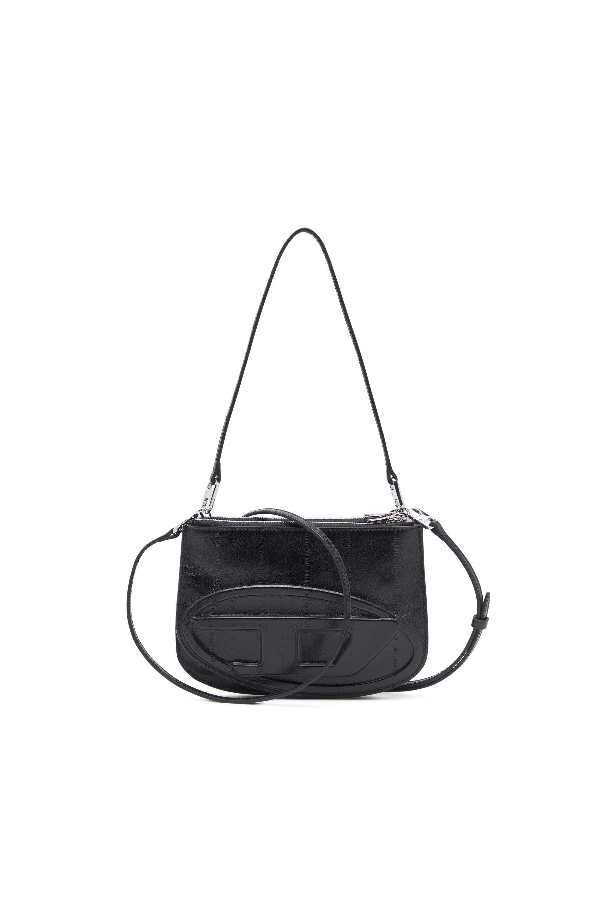 Black 1DR Twin-Double-pouch shoulder bag in printed leather