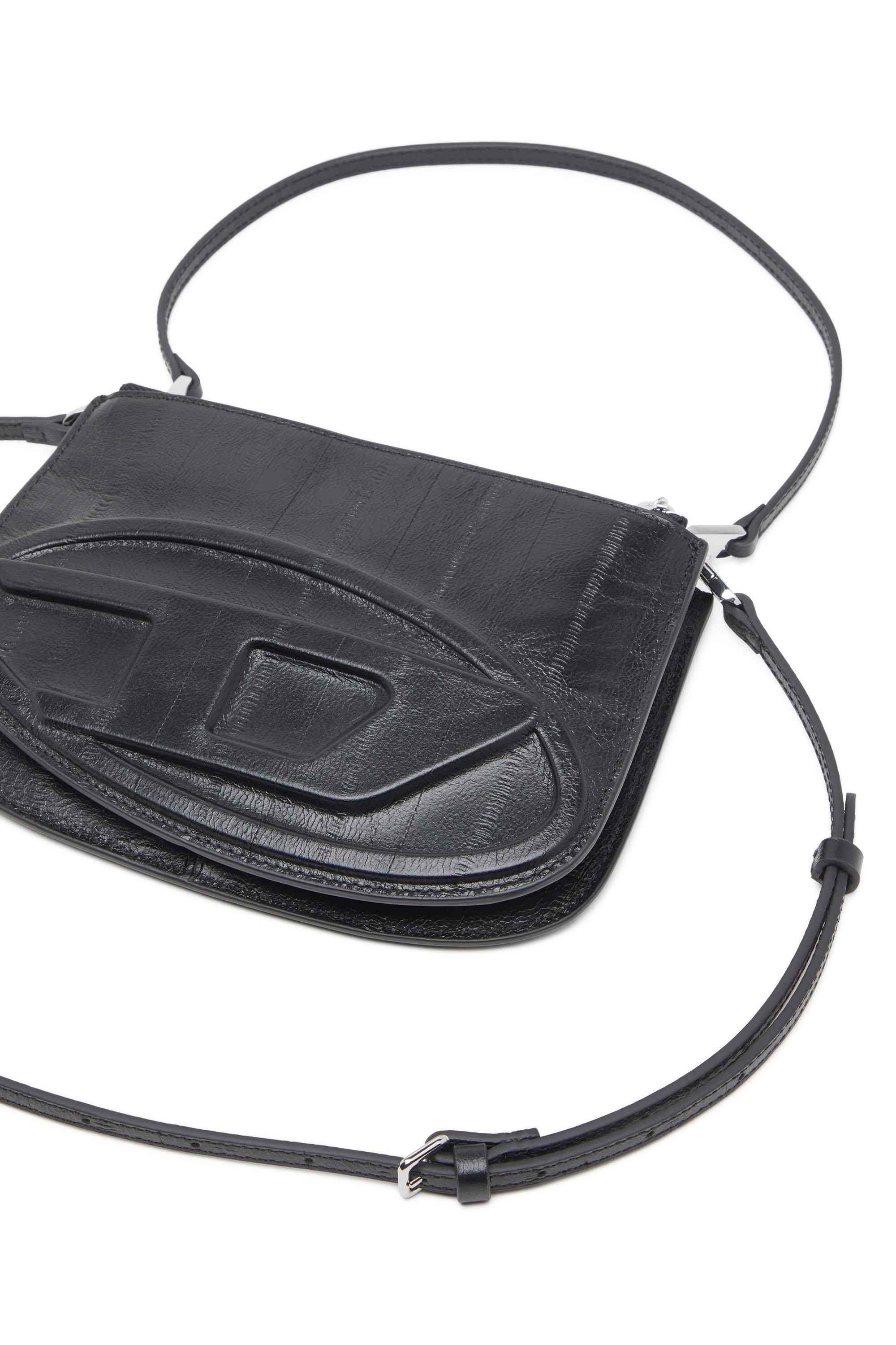 Black 1DR Twin-Double-pouch shoulder bag in printed leather