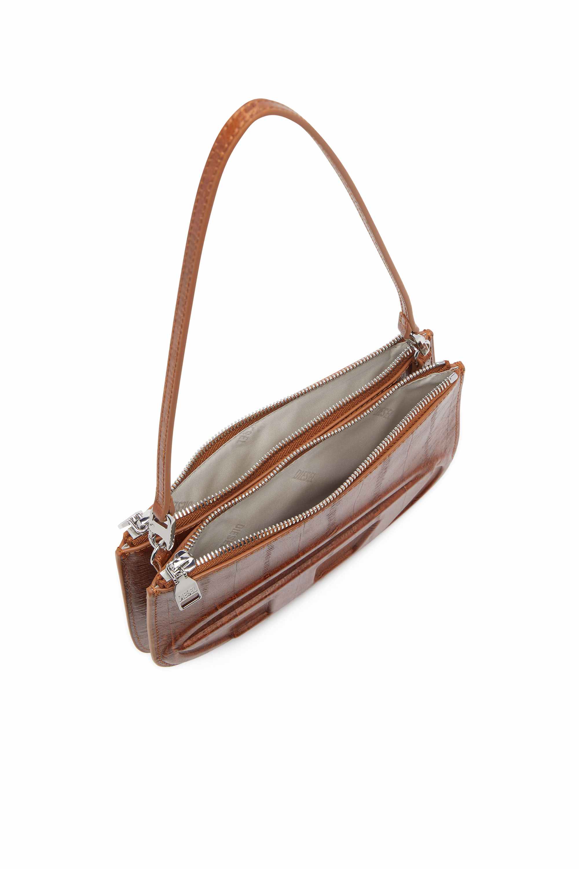 Brown 1DR Twin-Double-pouch shoulder bag in printed leather