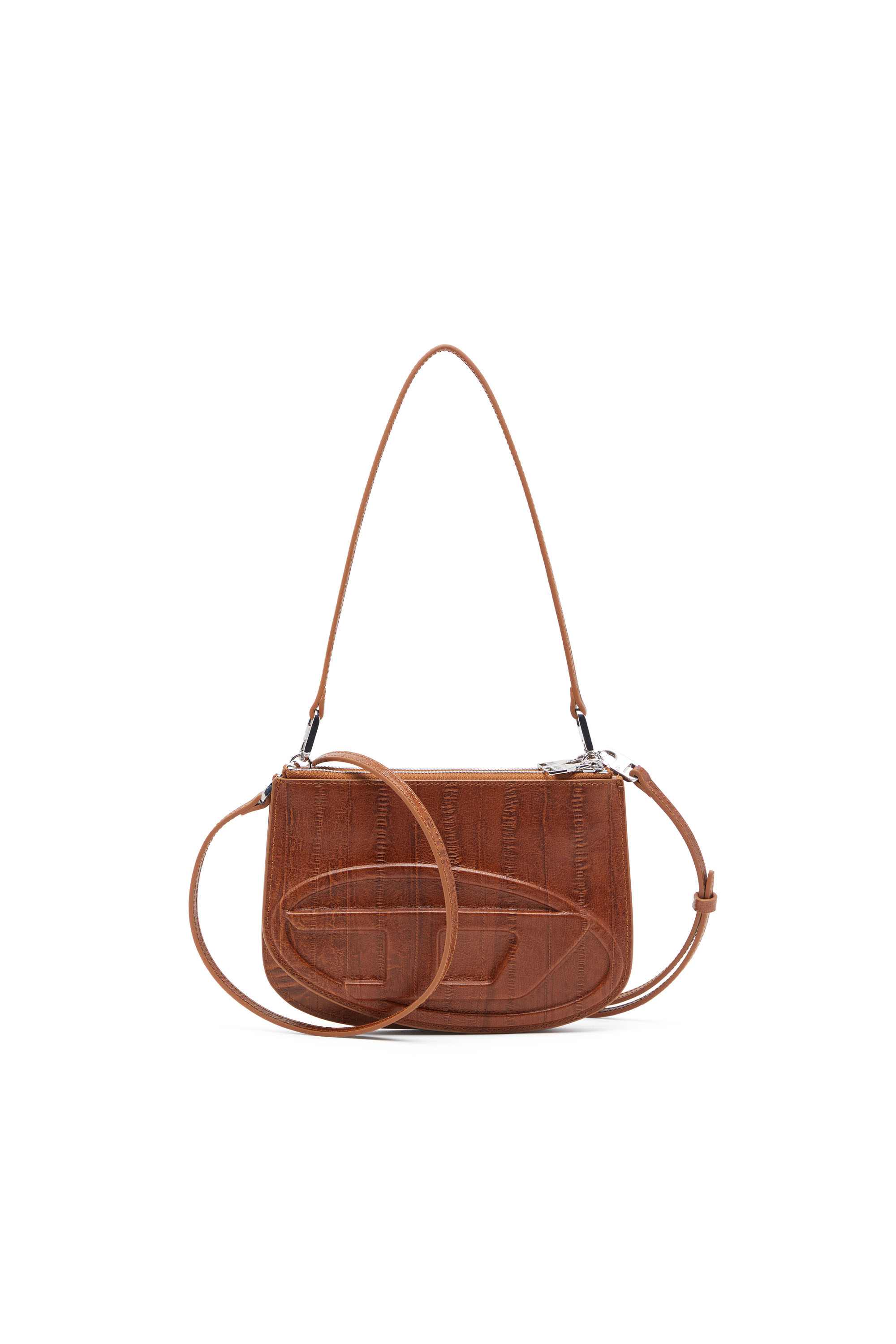 Brown 1DR Twin-Double-pouch shoulder bag in printed leather