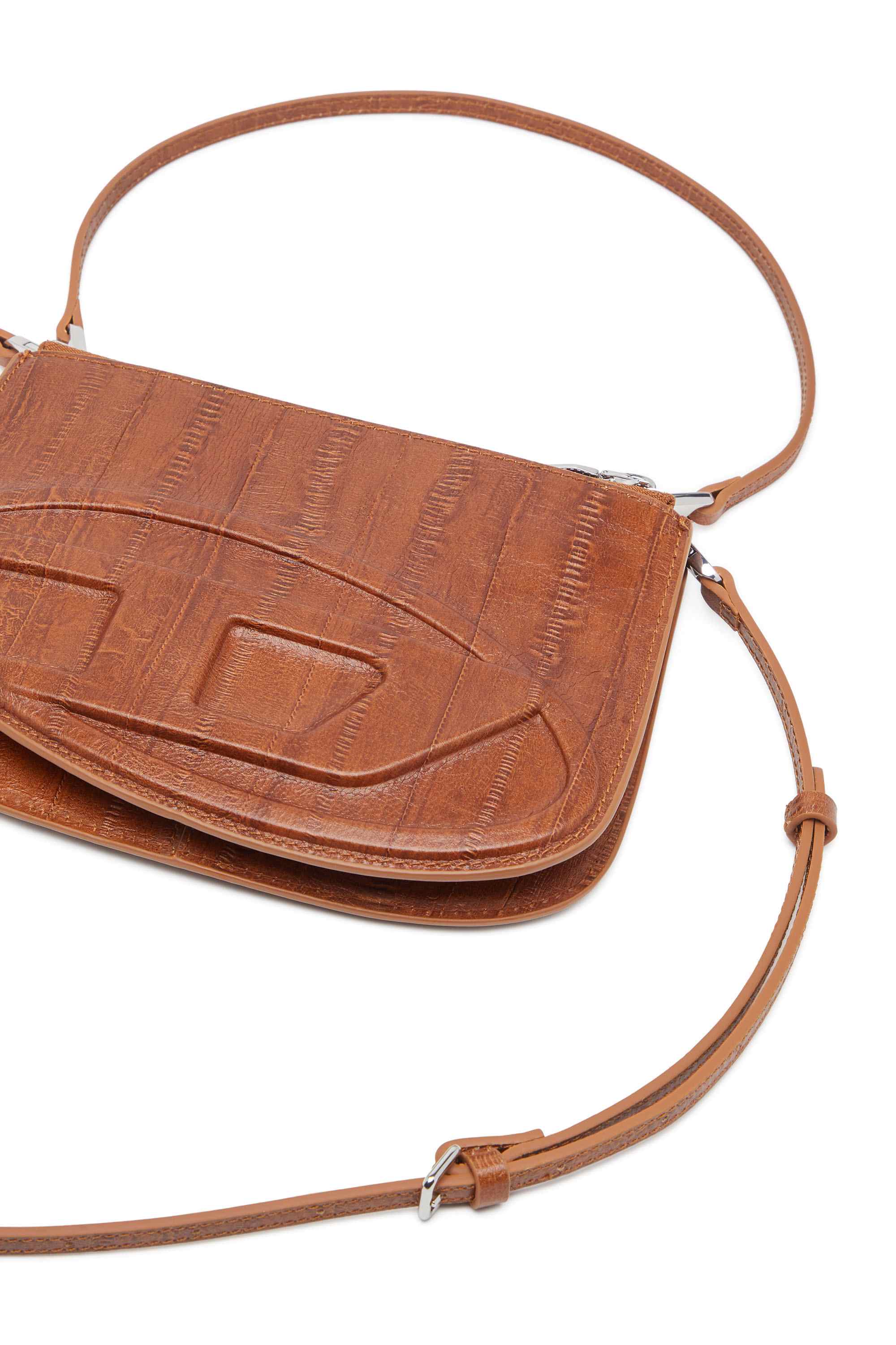 Brown 1DR Twin-Double-pouch shoulder bag in printed leather
