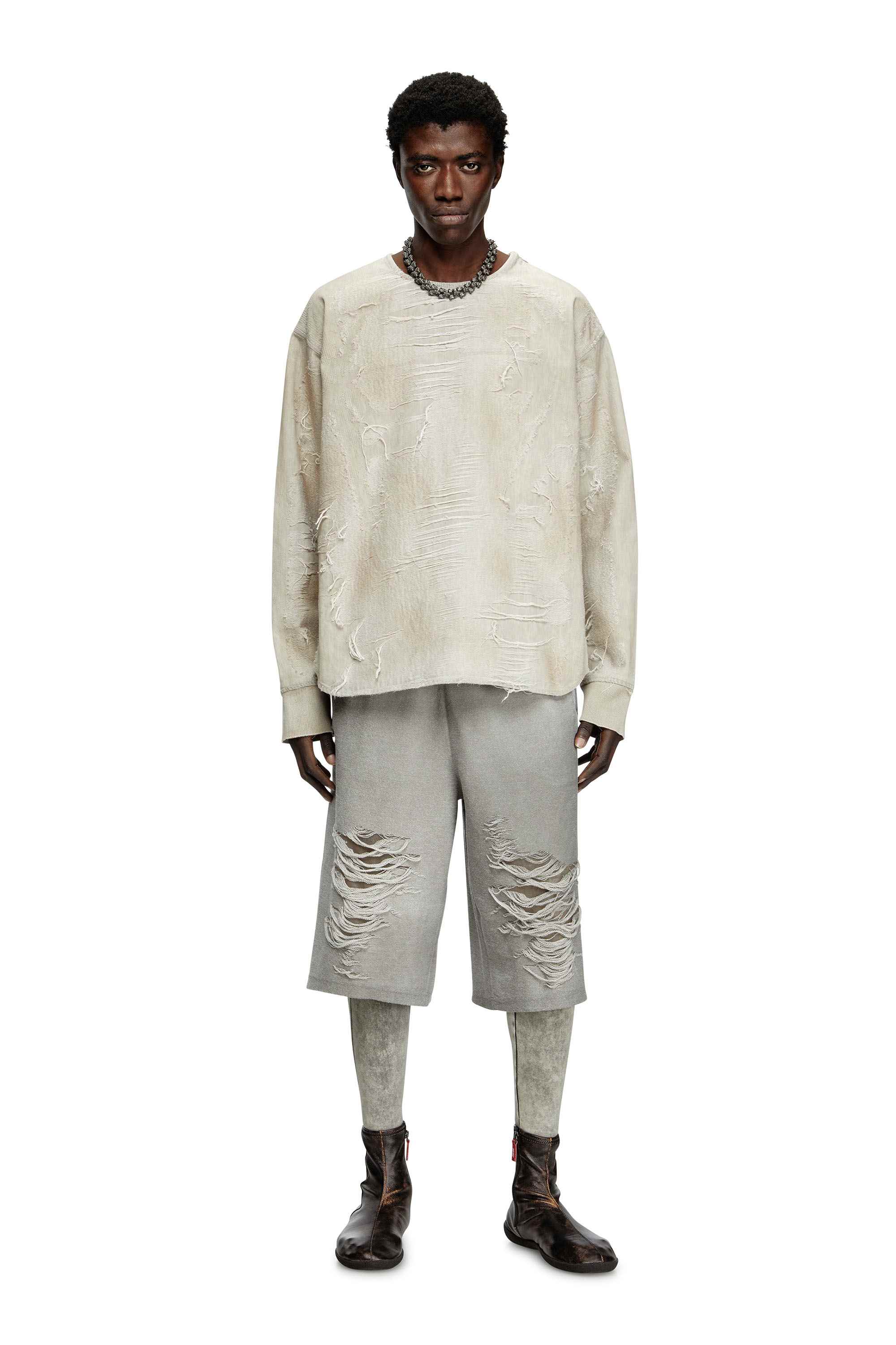 Light grey Sweater in micro-distressed jacquard denim