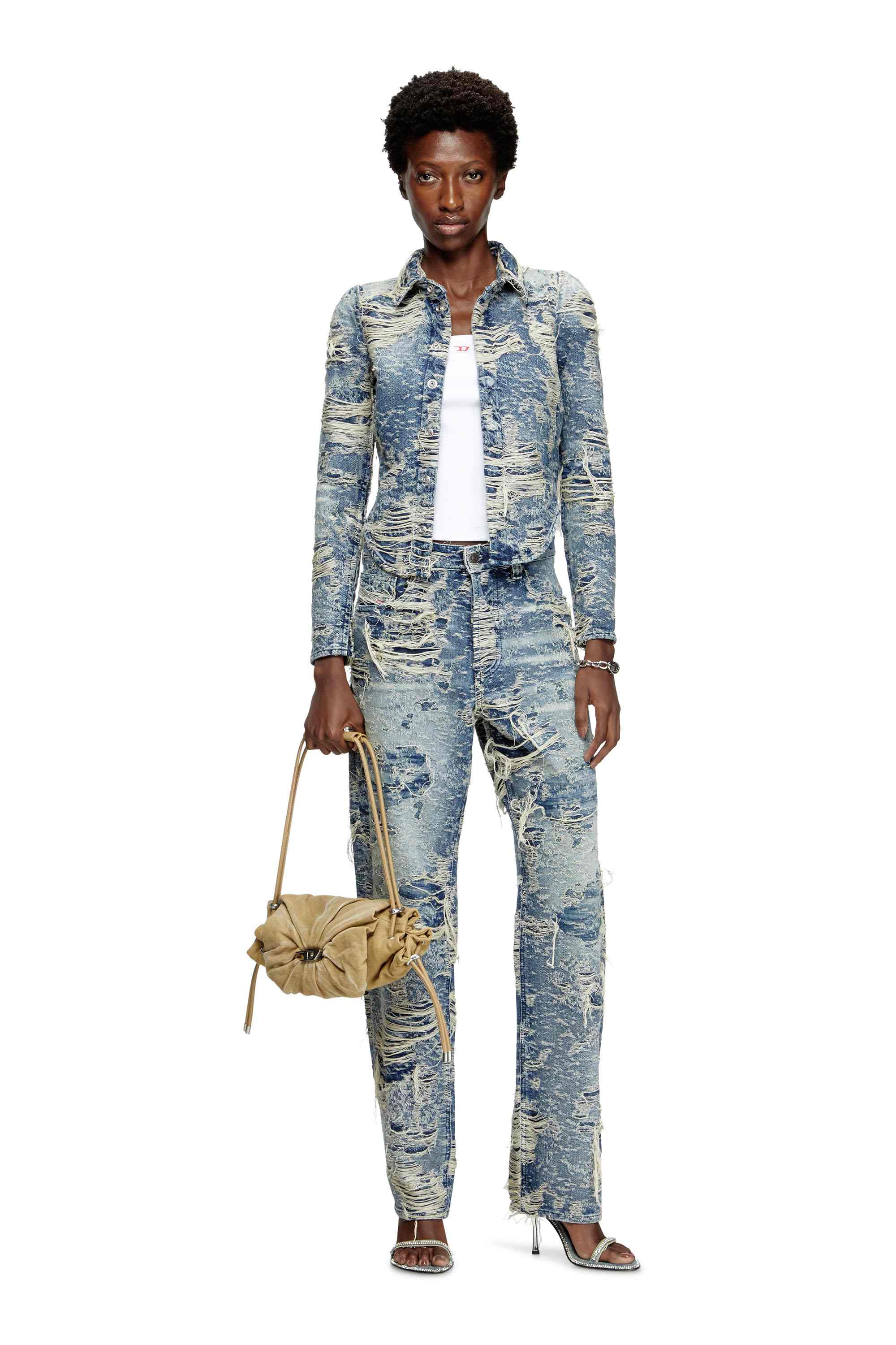 Blue  Shirt in jacquard denim with floating threads