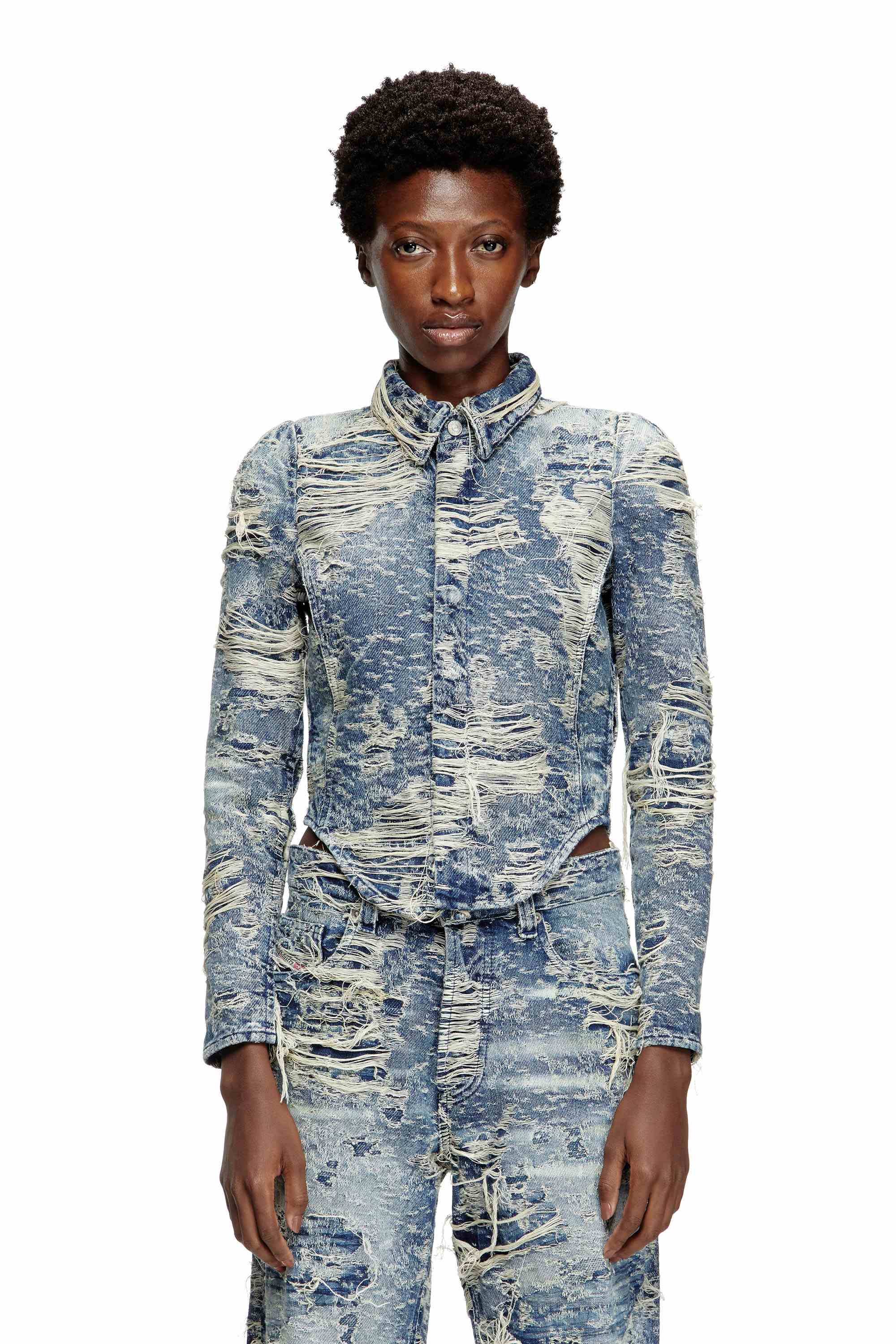 Blue  Shirt in jacquard denim with floating threads