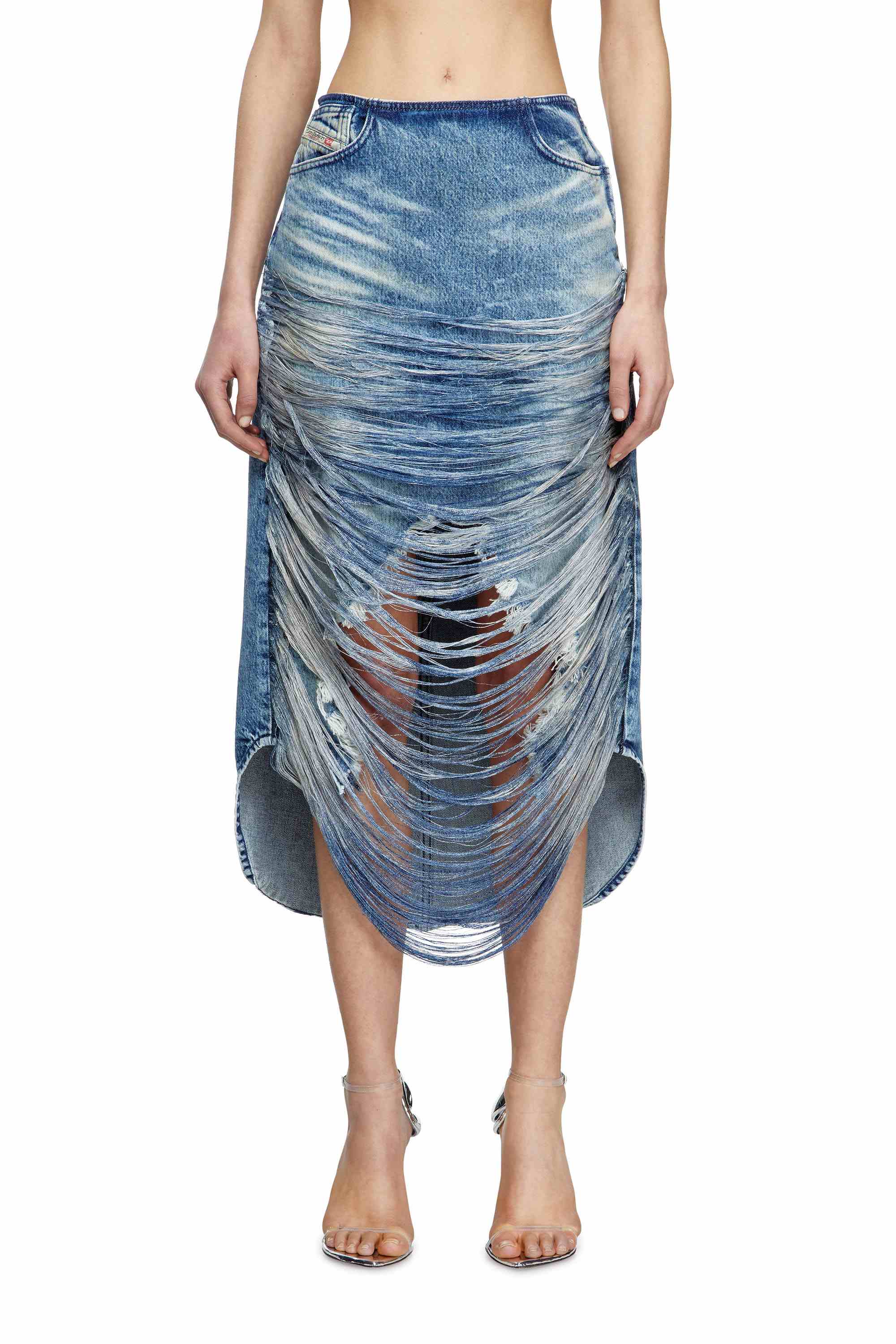 Blue Midi skirt in distressed fringed denim