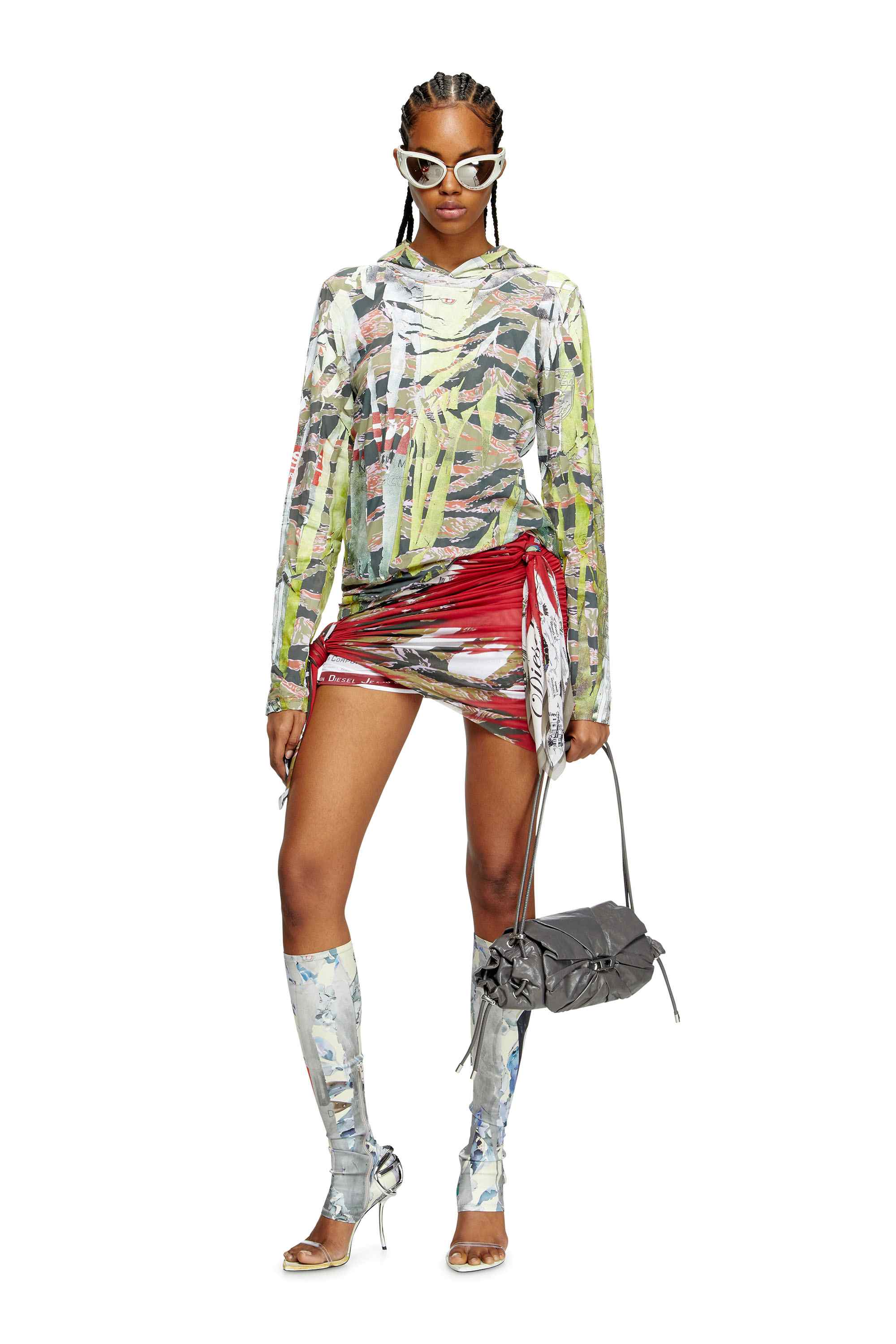 Multicolor Camo hooded top with cracked over-print