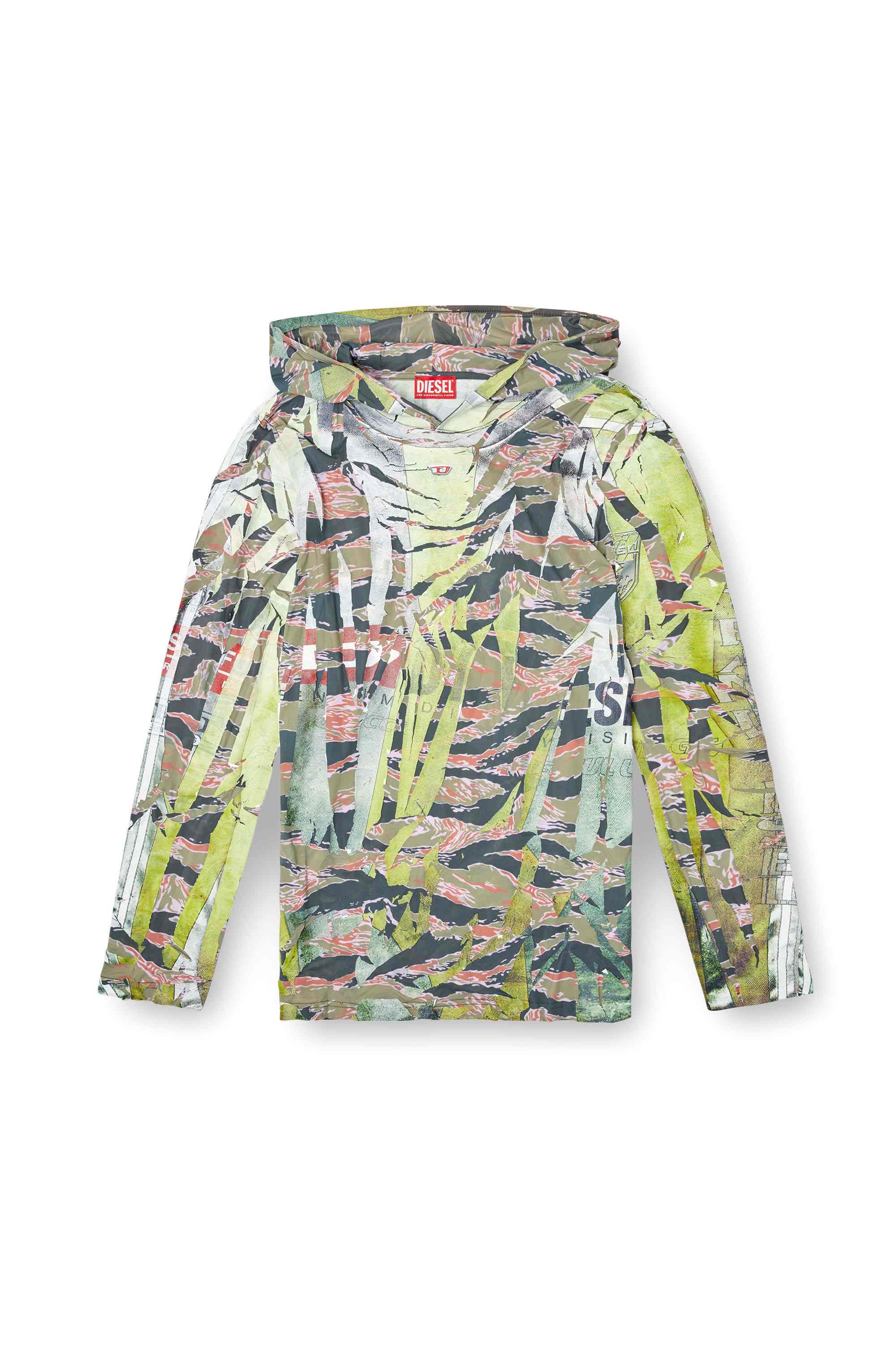 Multicolor Camo hooded top with cracked over-print
