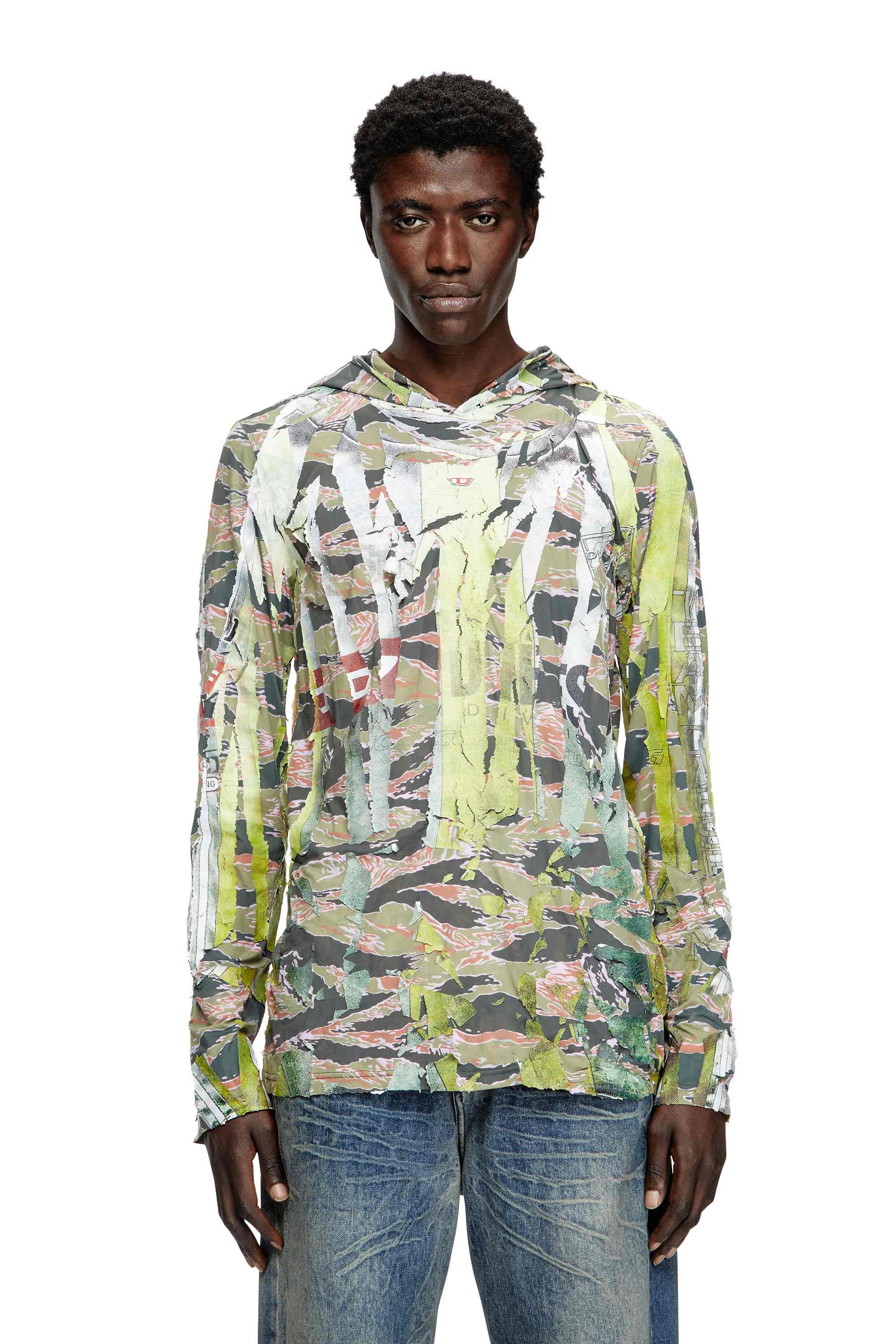 Multicolor Camo hooded top with cracked over-print