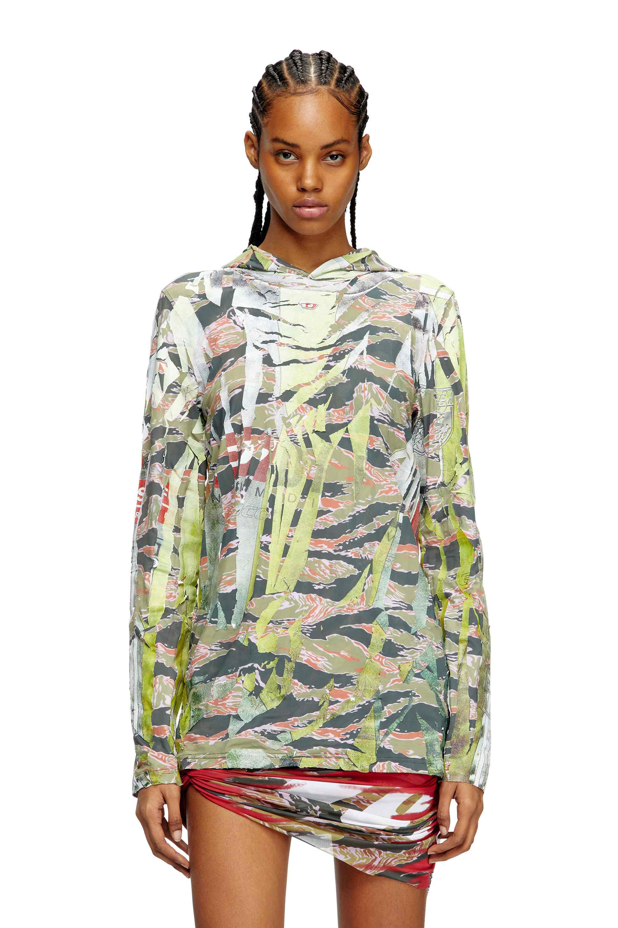 Multicolor Camo hooded top with cracked over-print