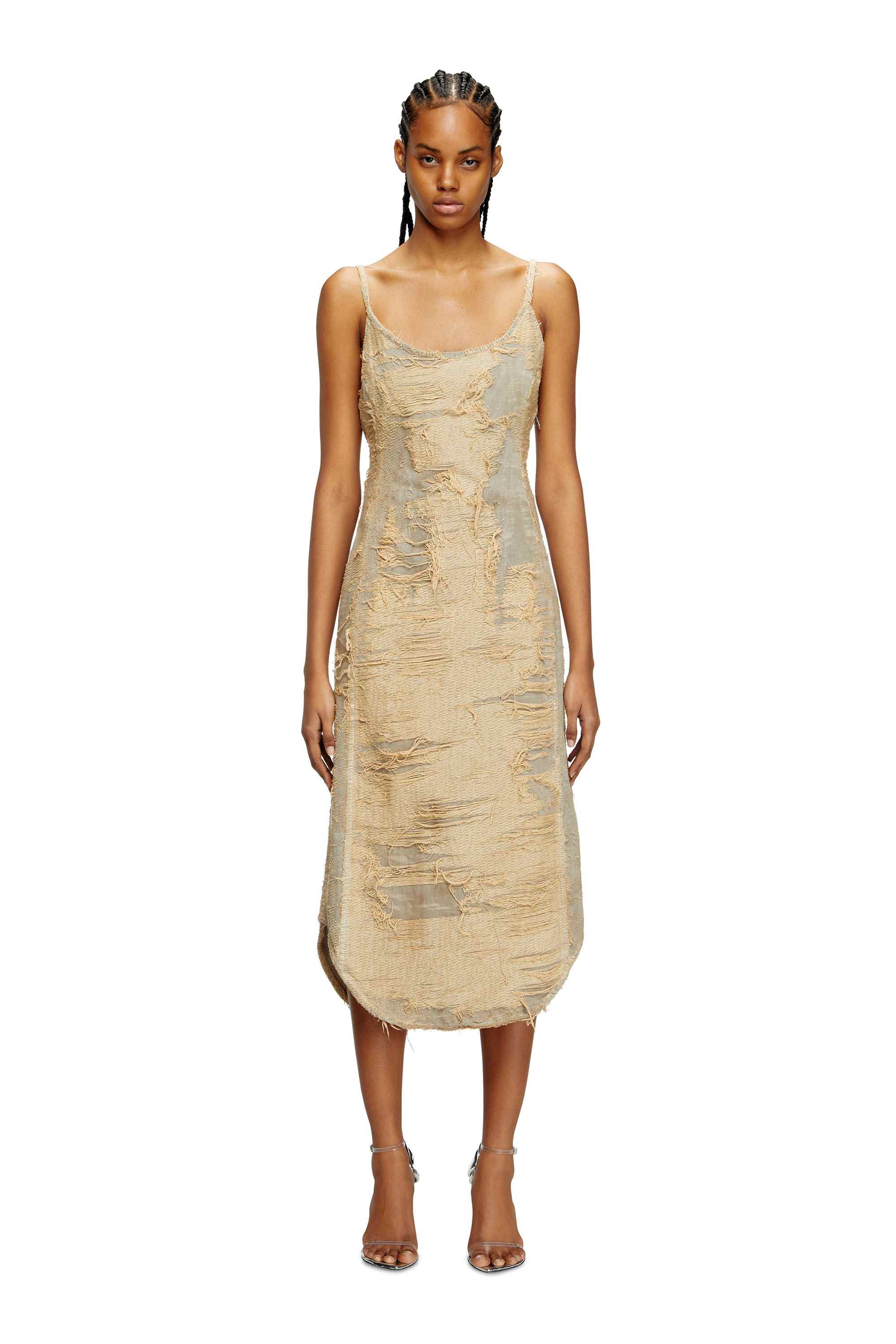 Beige Dress in overdyed floating-thread denim