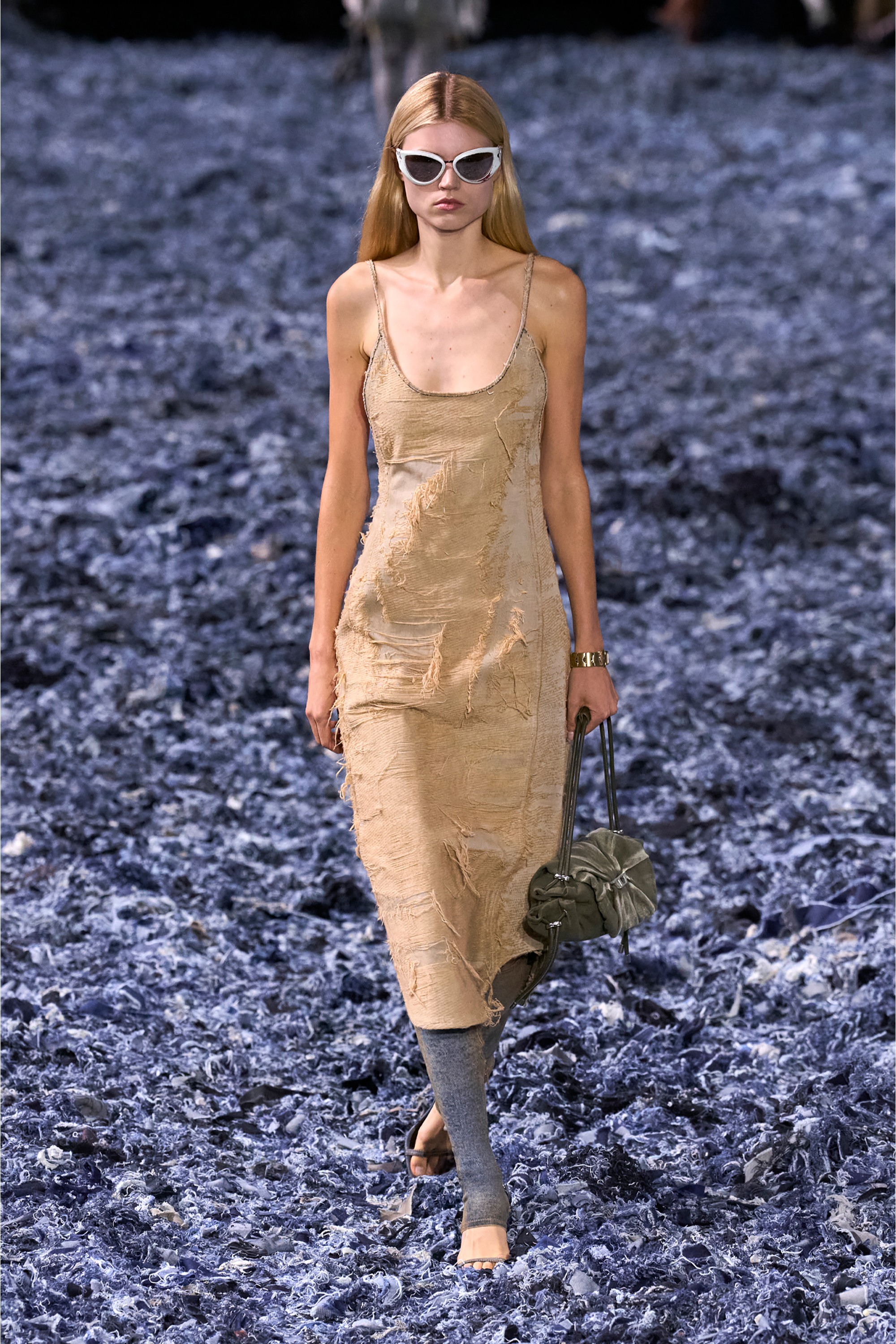 Beige Dress in overdyed floating-thread denim