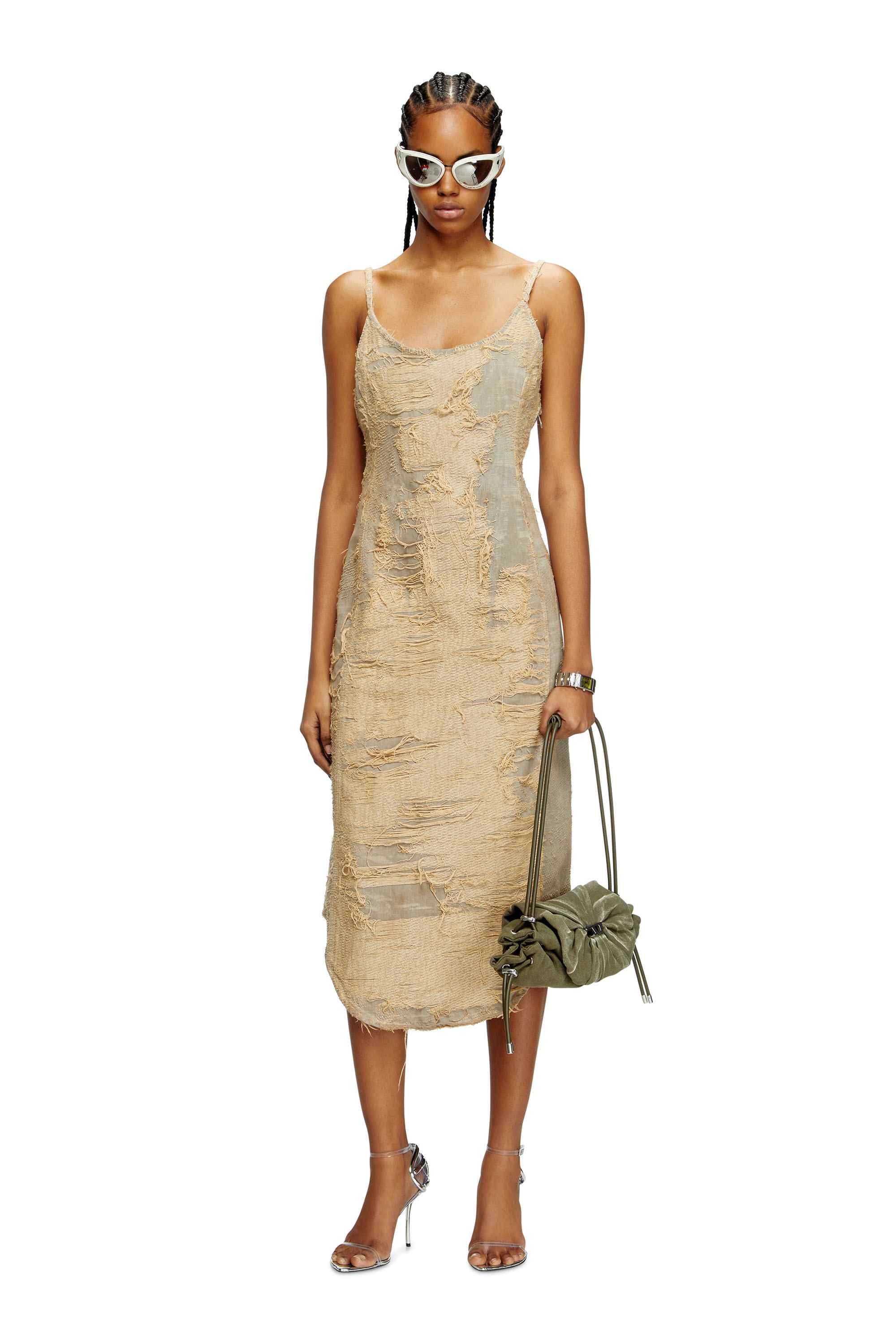Beige Dress in overdyed floating-thread denim
