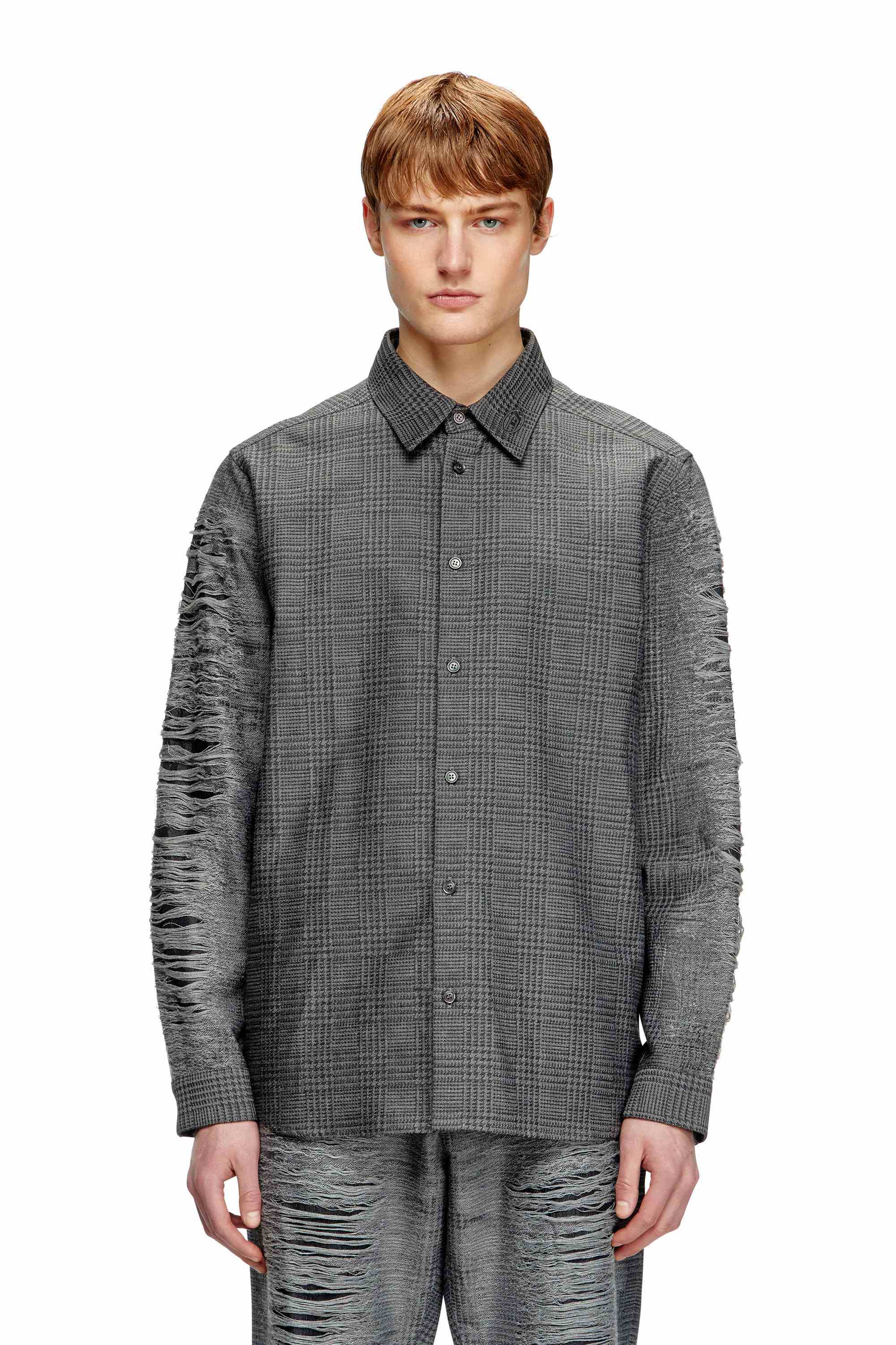 Grey Checked shirt with distressed sleeves
