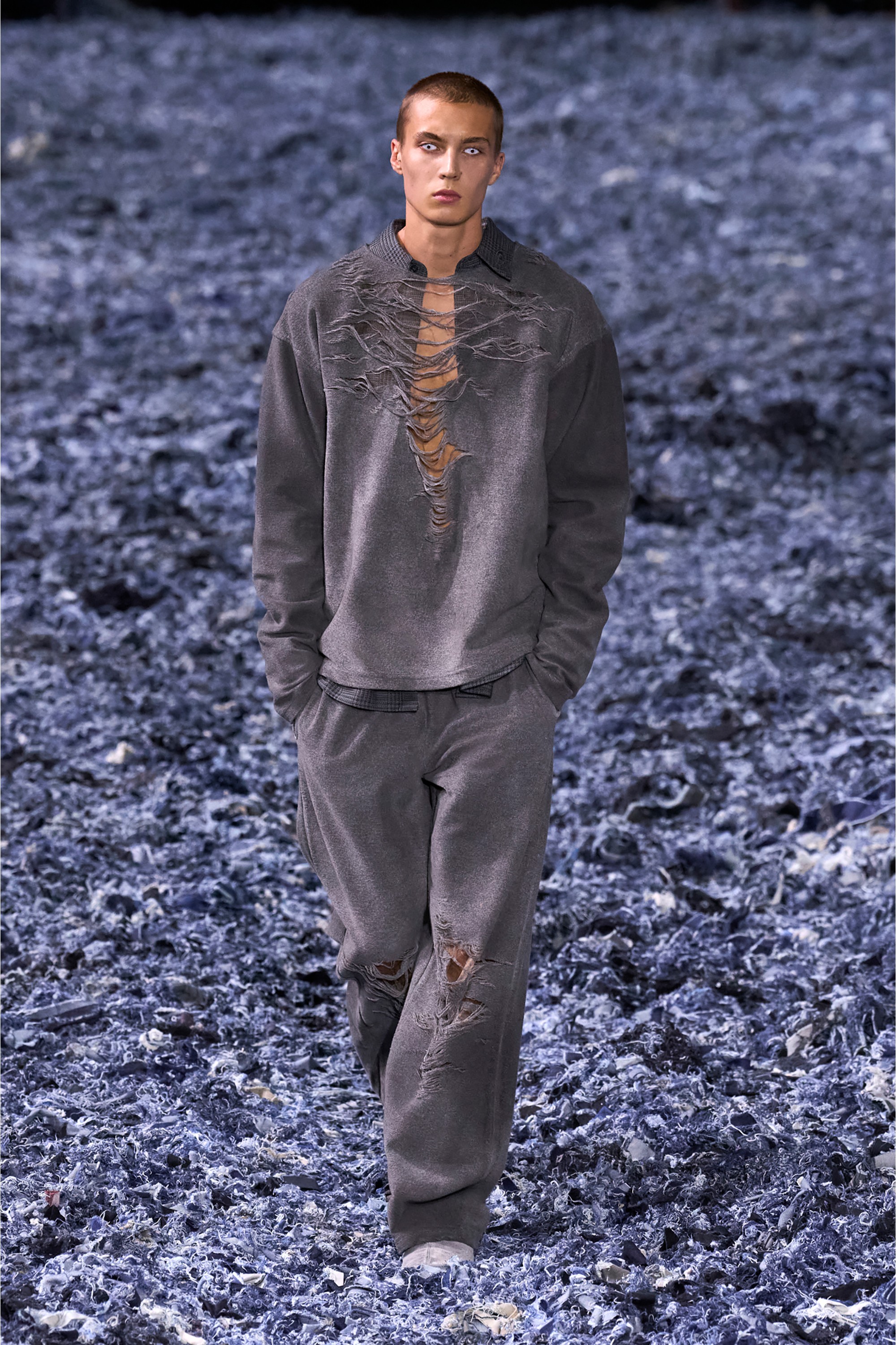 Grey Checked shirt with distressed sleeves