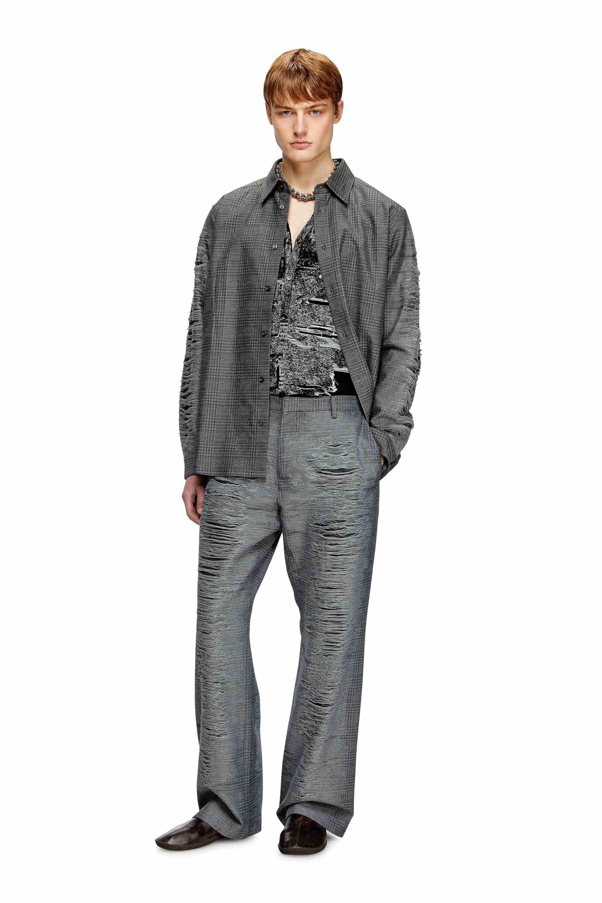 Grey Checked shirt with distressed sleeves