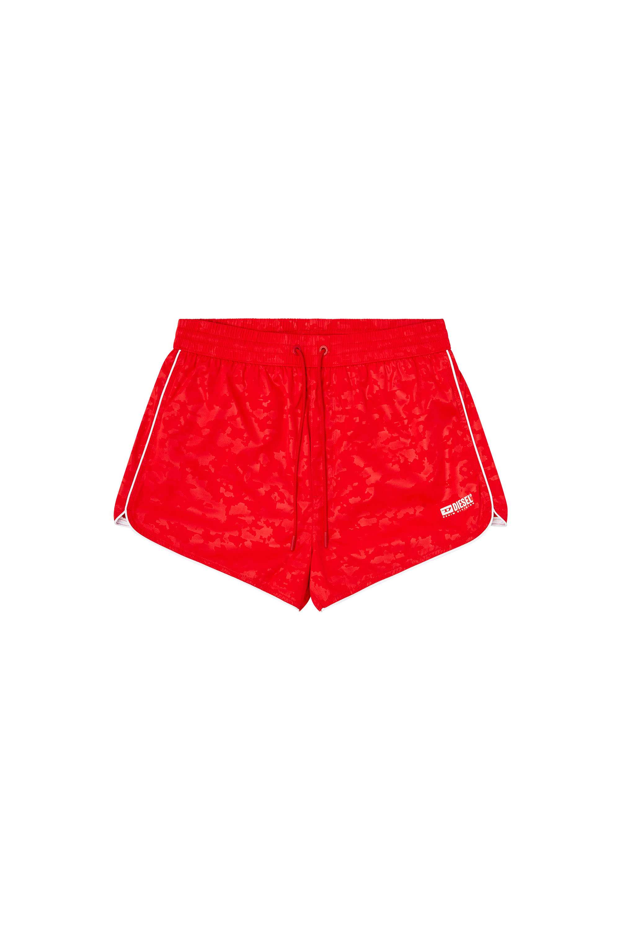 Red Swim shorts with pixelated camo motif