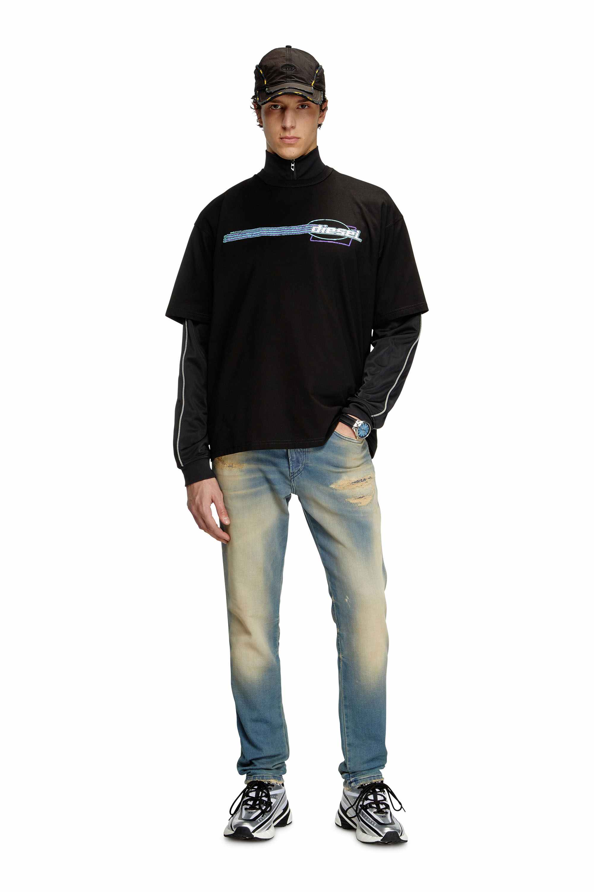 Black T-shirt with flocked logo graphics