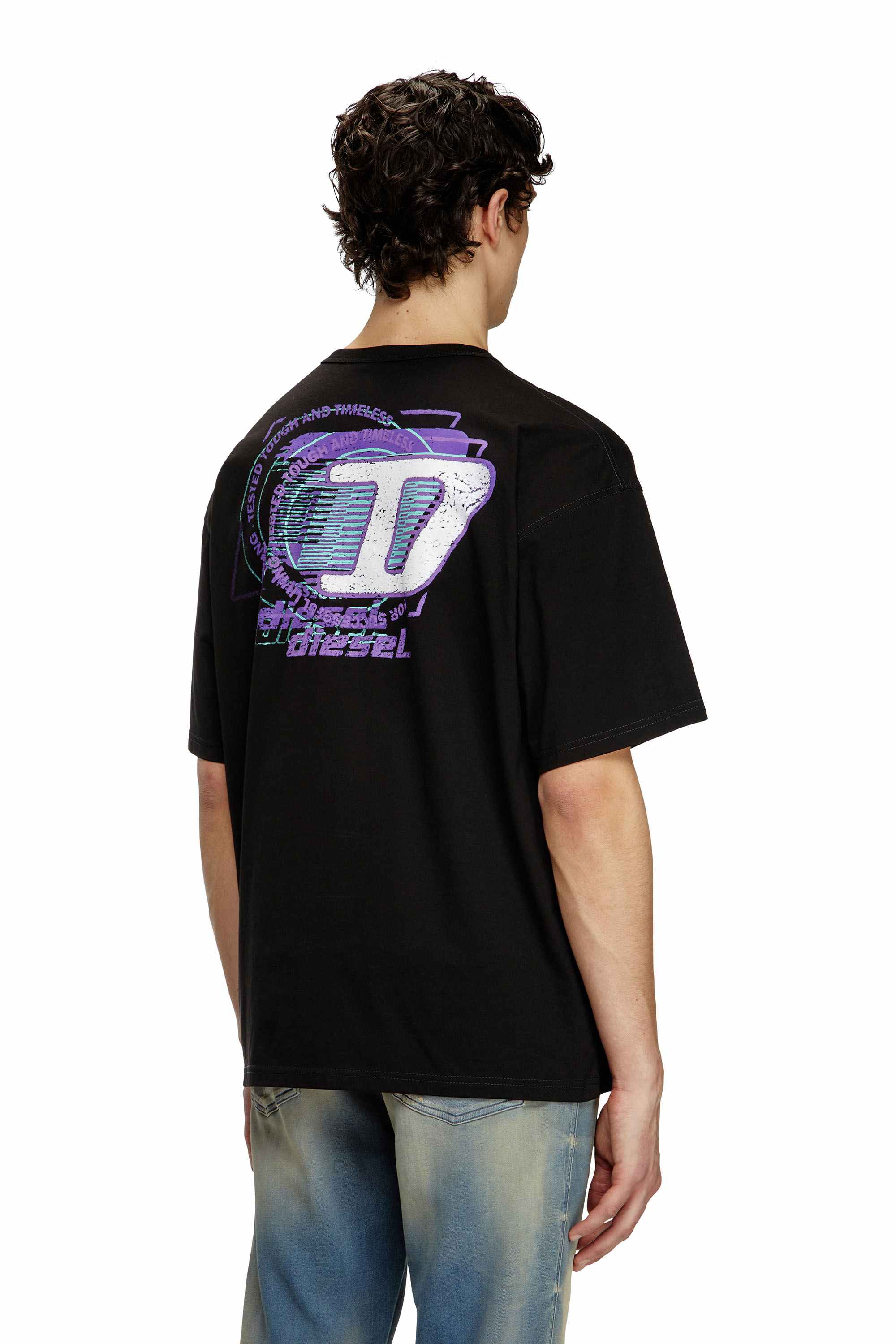 Black T-shirt with flocked logo graphics