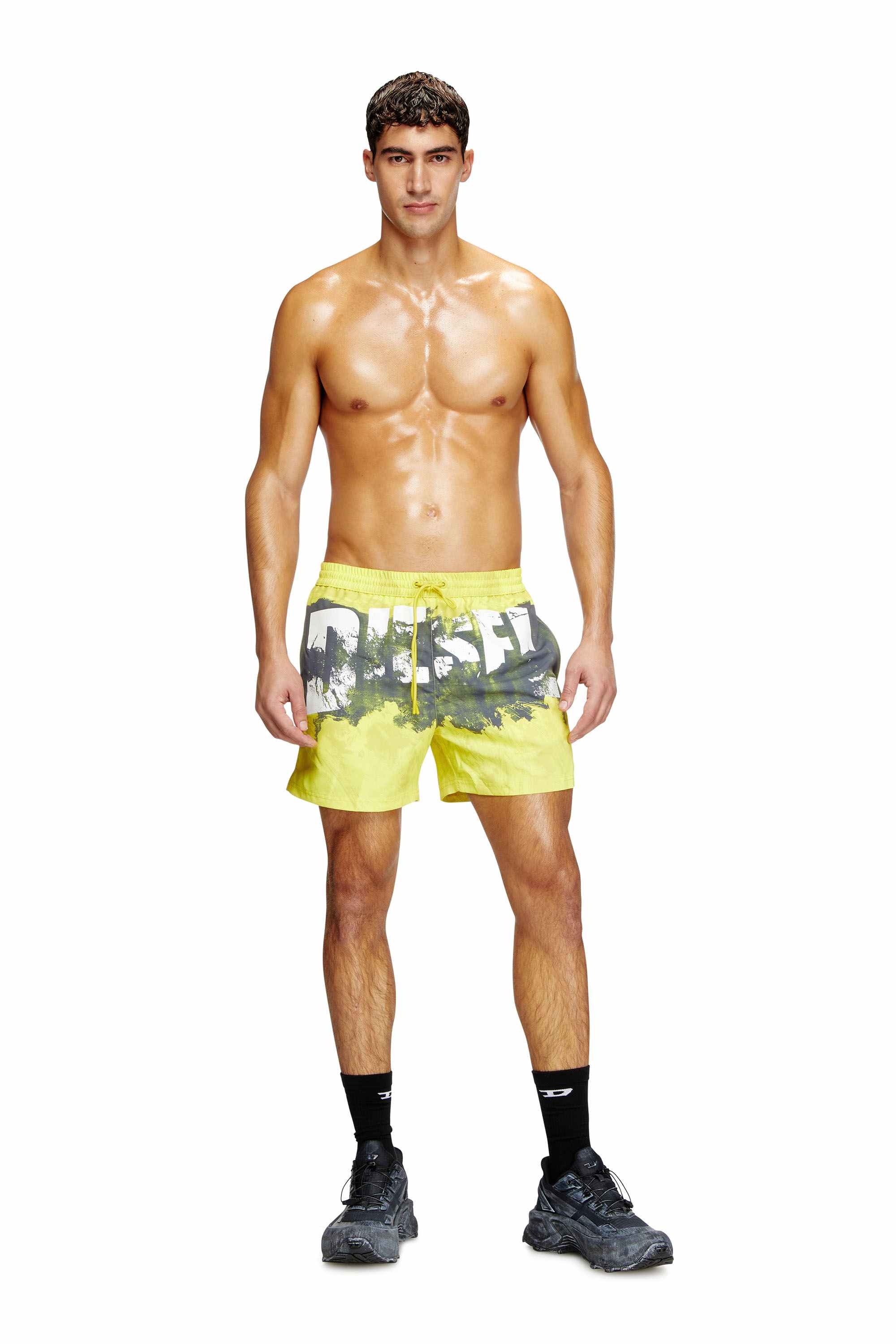 Yellow Mid-length swim shorts with graphic print