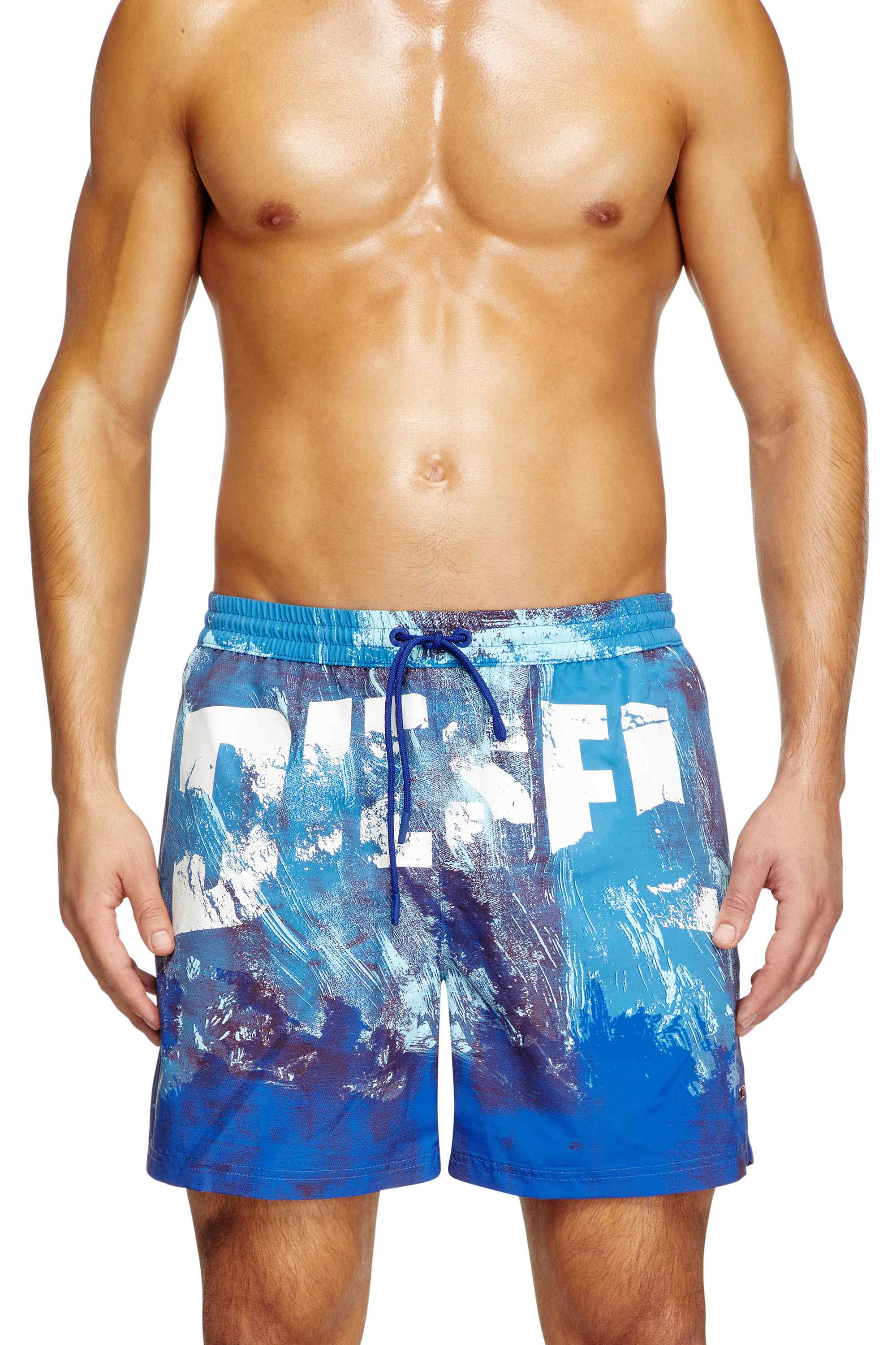 Blue Mid-length swim shorts with graphic print