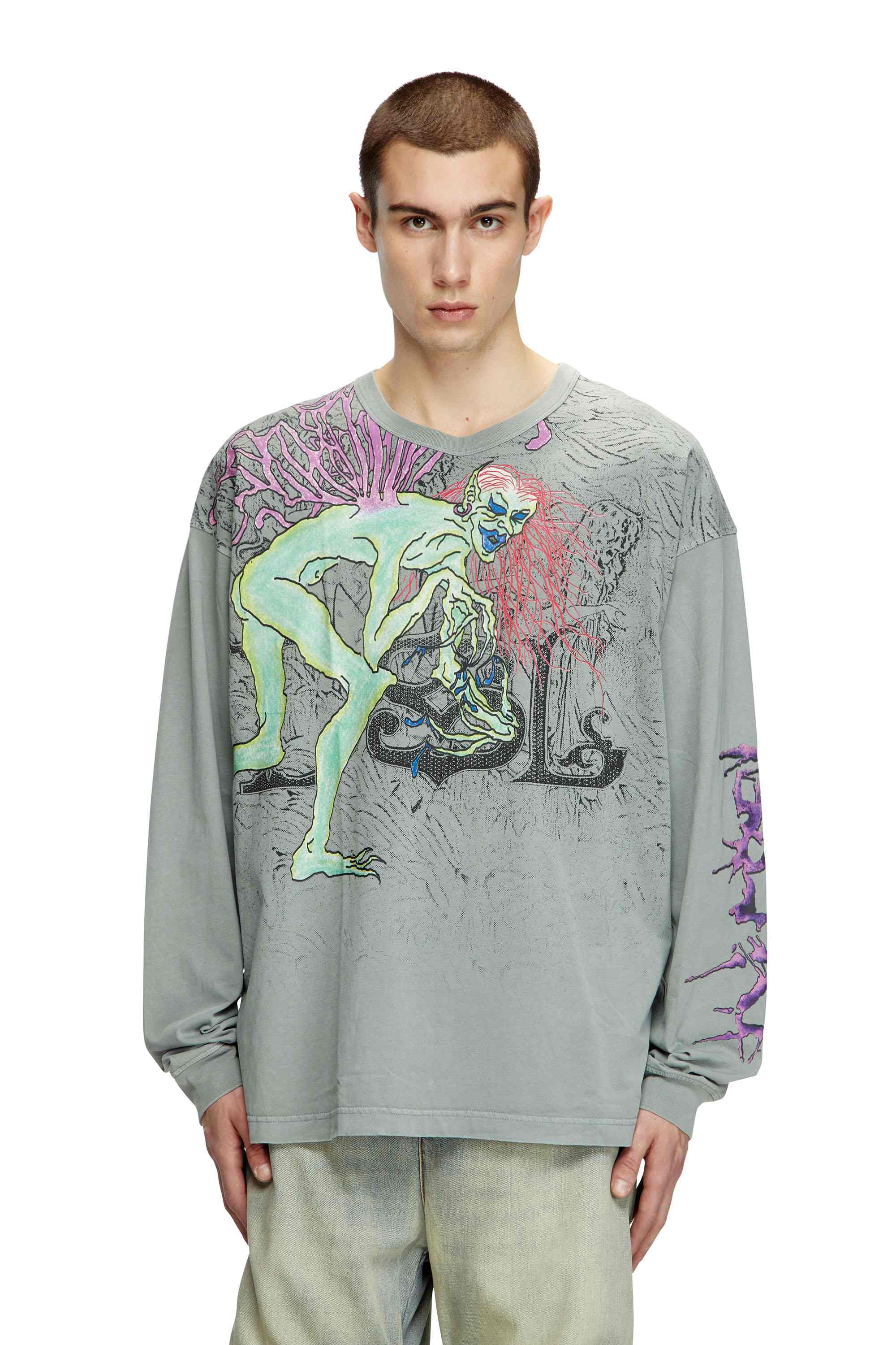 Grey Long-sleeve T-shirt with tattoo graphics
