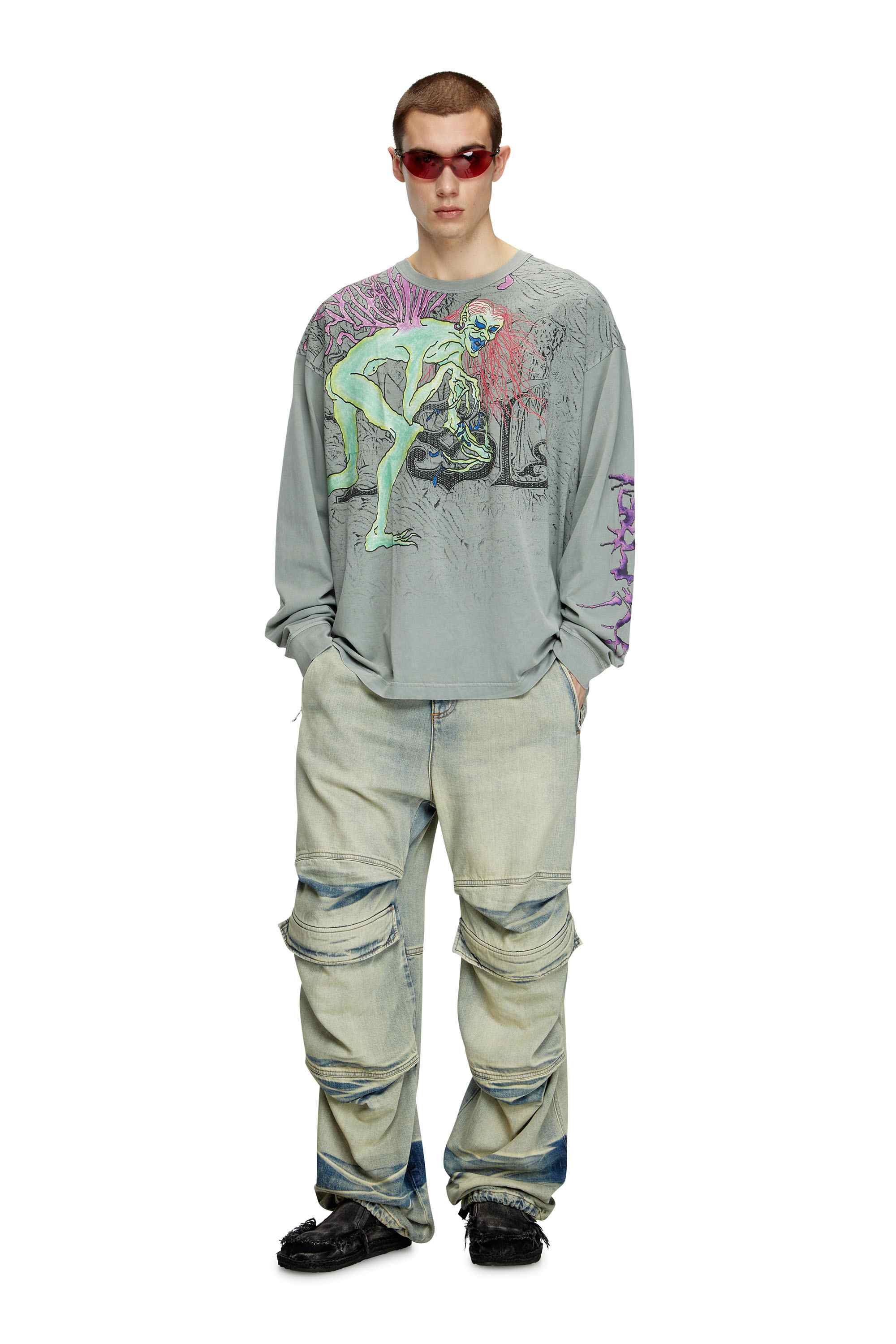 Grey Long-sleeve T-shirt with tattoo graphics