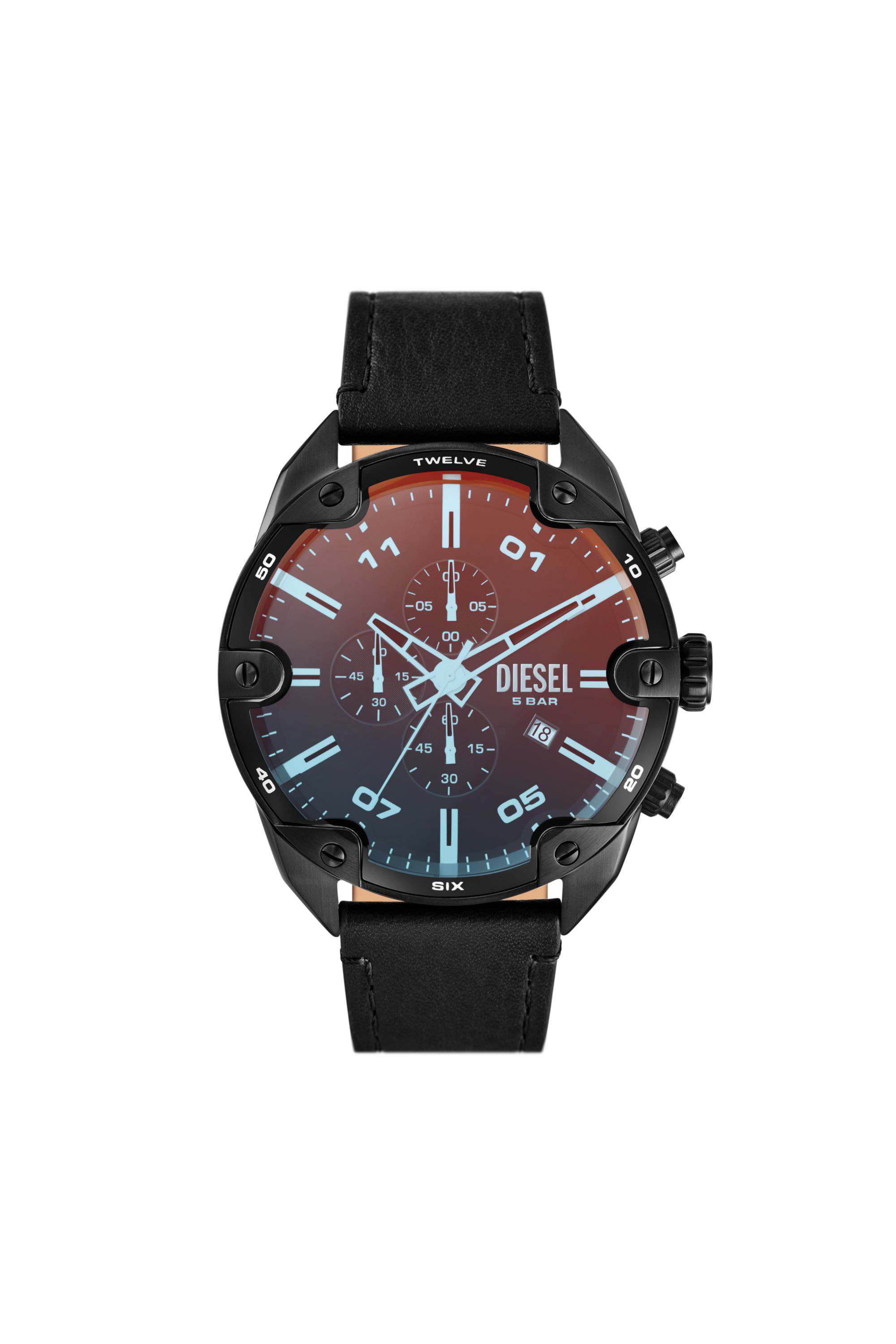 Black Spiked chronograph black leather watch