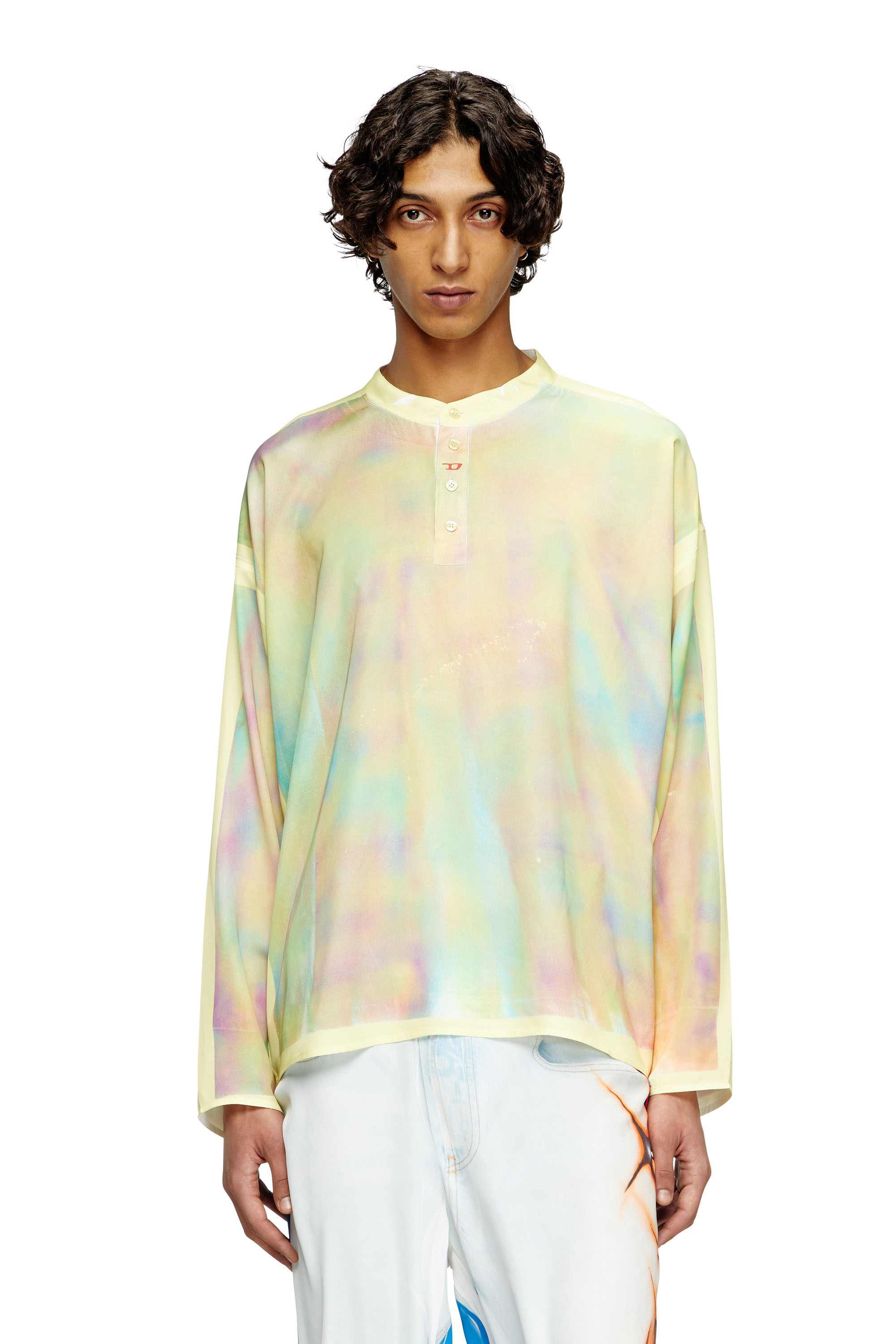 Yellow Henley top with graffiti print