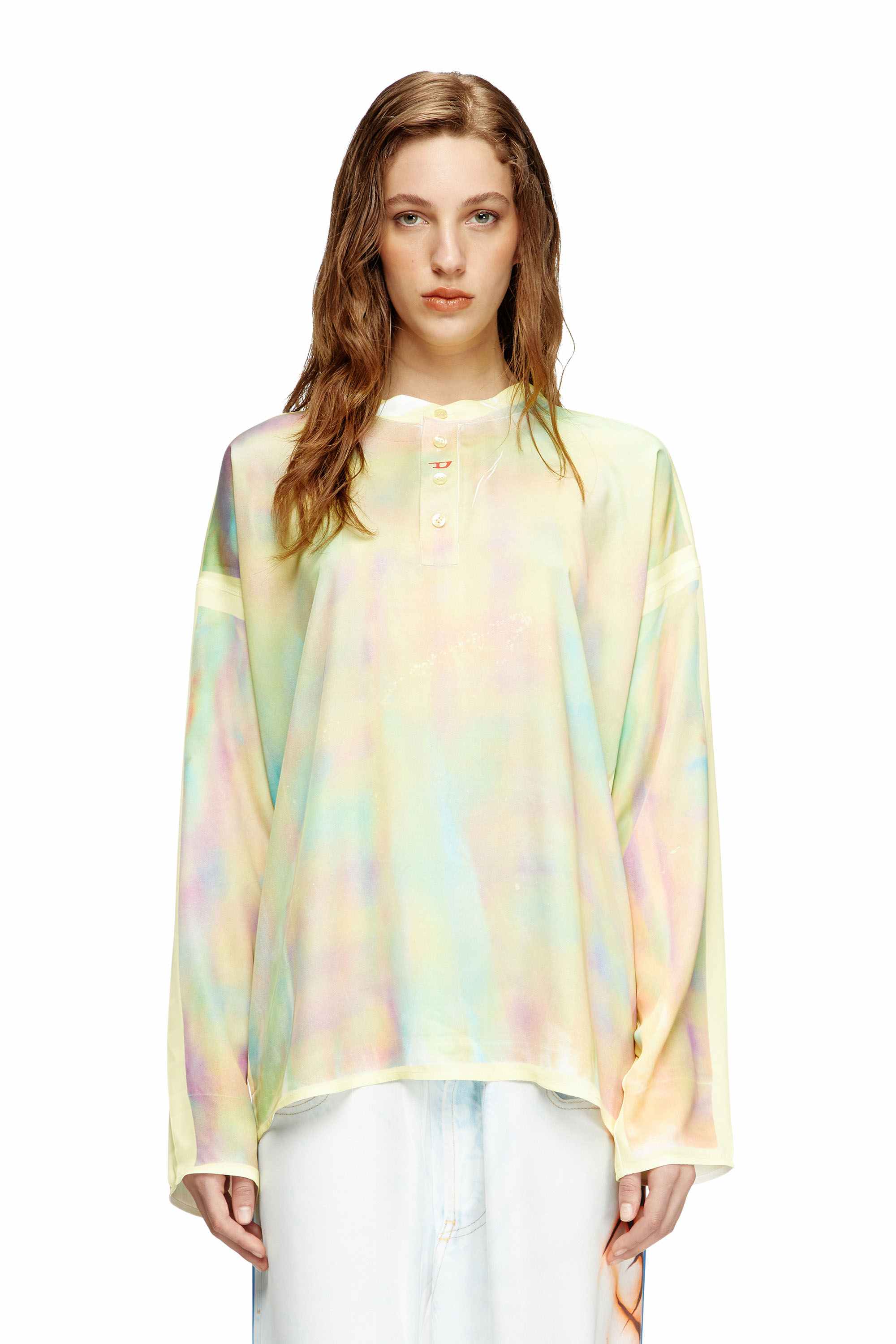 Yellow Henley top with graffiti print