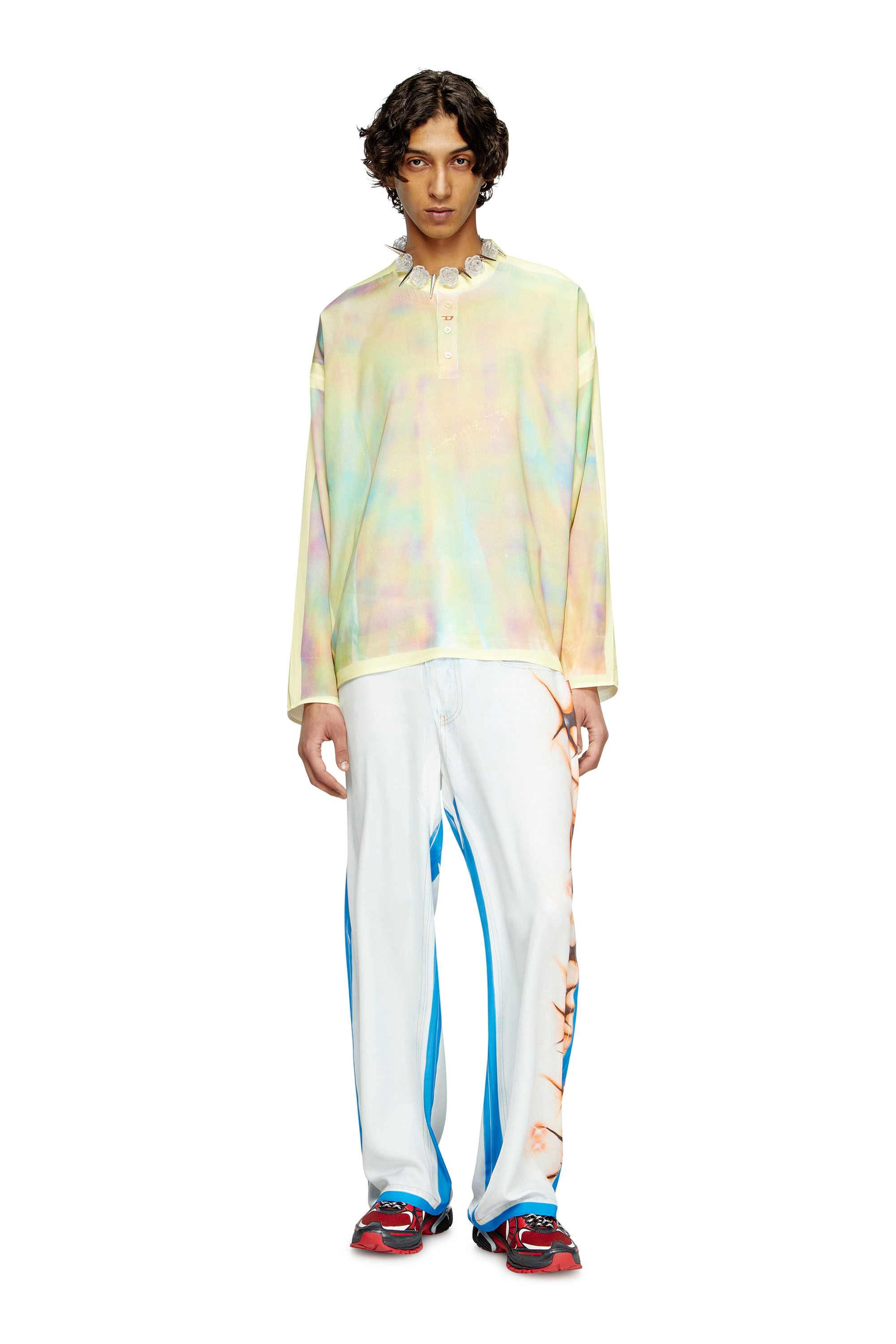 Yellow Henley top with graffiti print