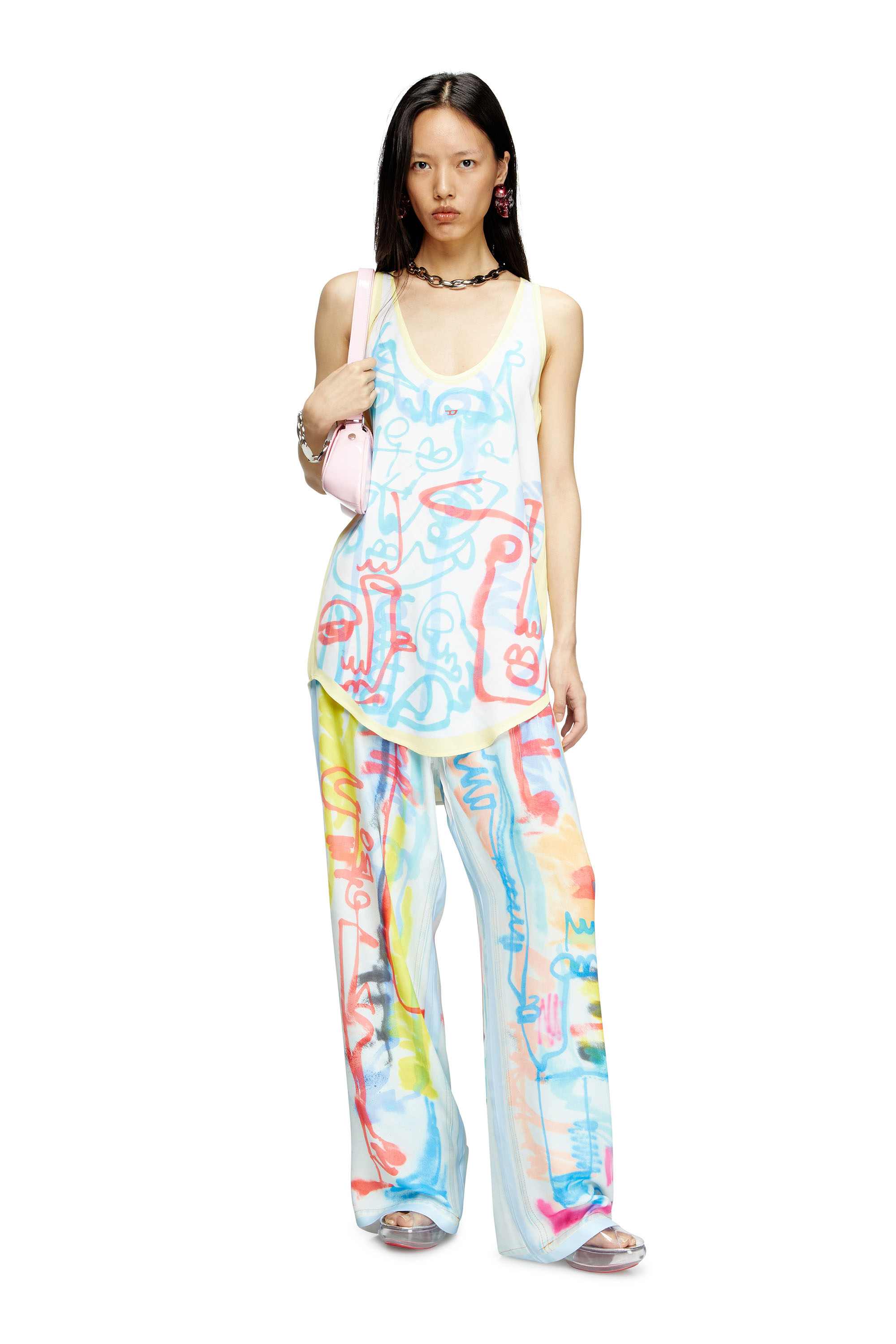 Yellow Satin tank top with graffiti print
