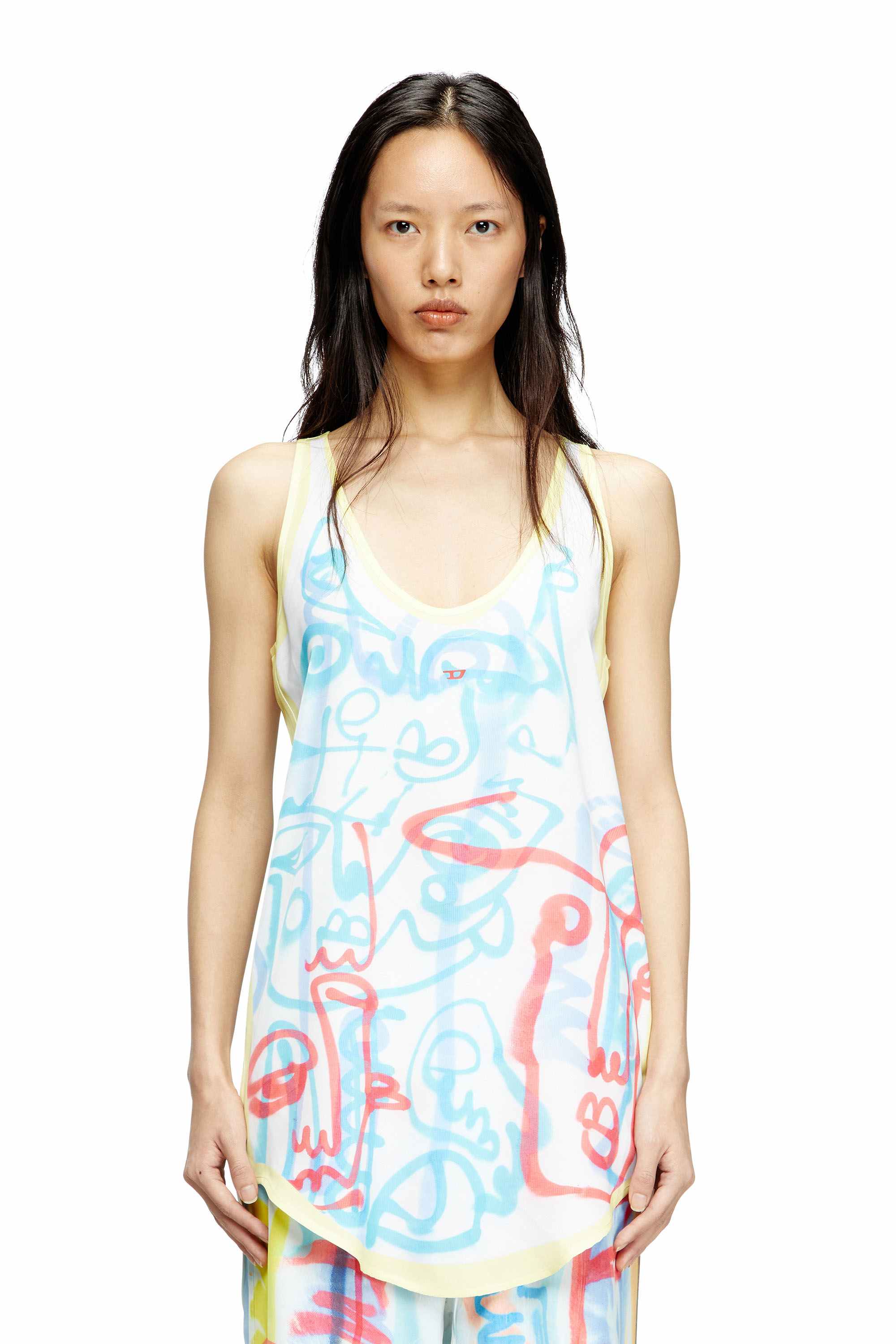 Yellow Satin tank top with graffiti print