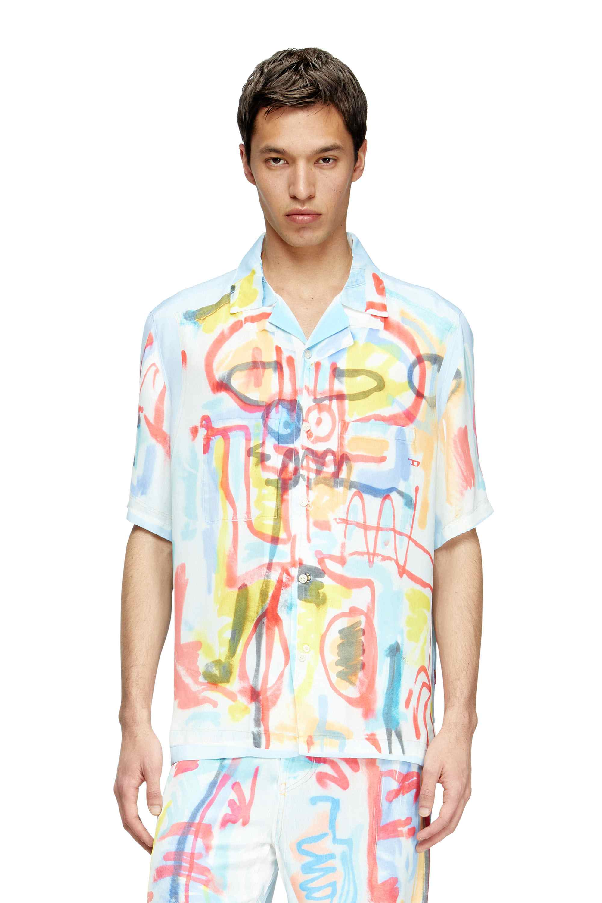 Blue Satin bowling shirt with graffiti print