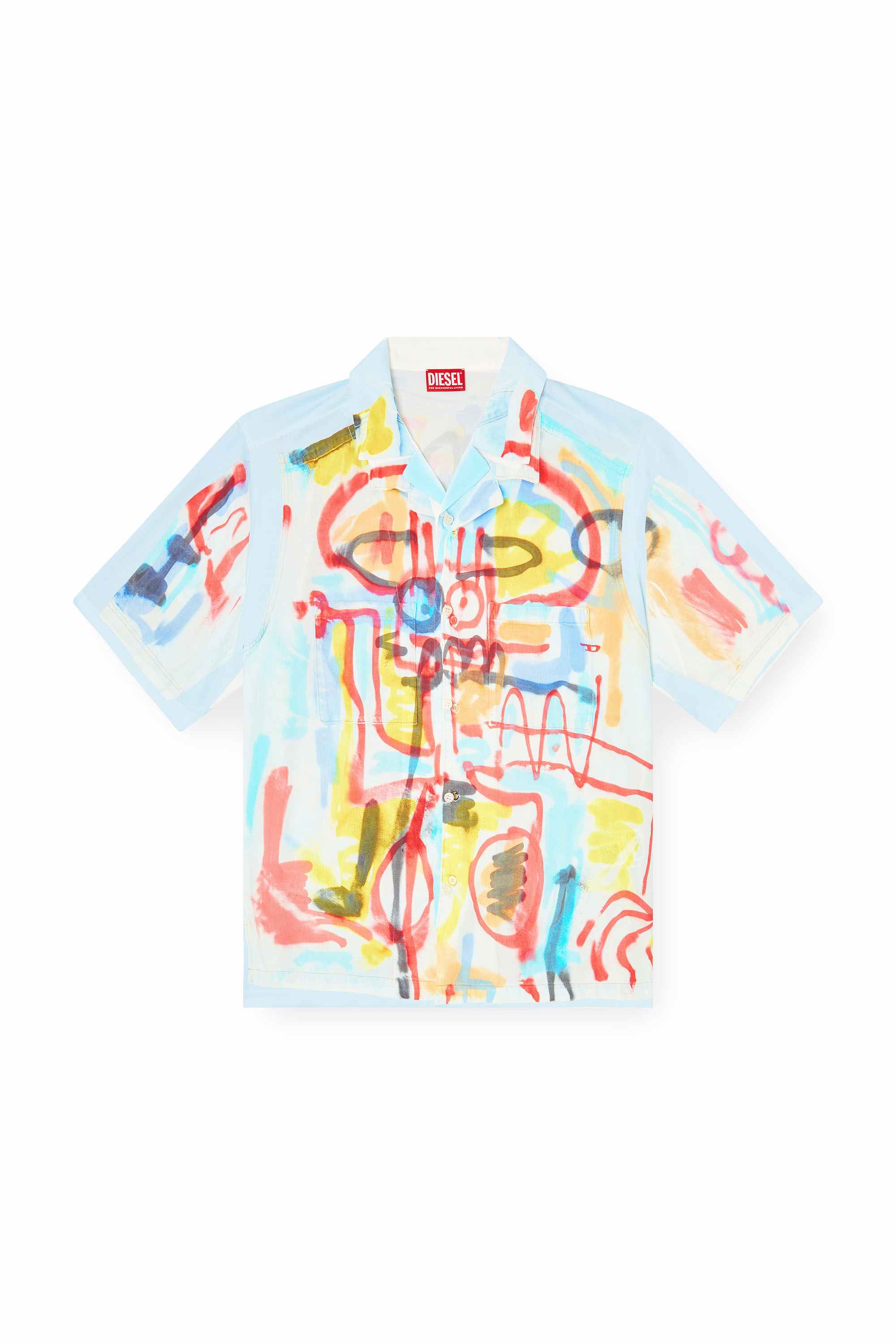 Blue Satin bowling shirt with graffiti print