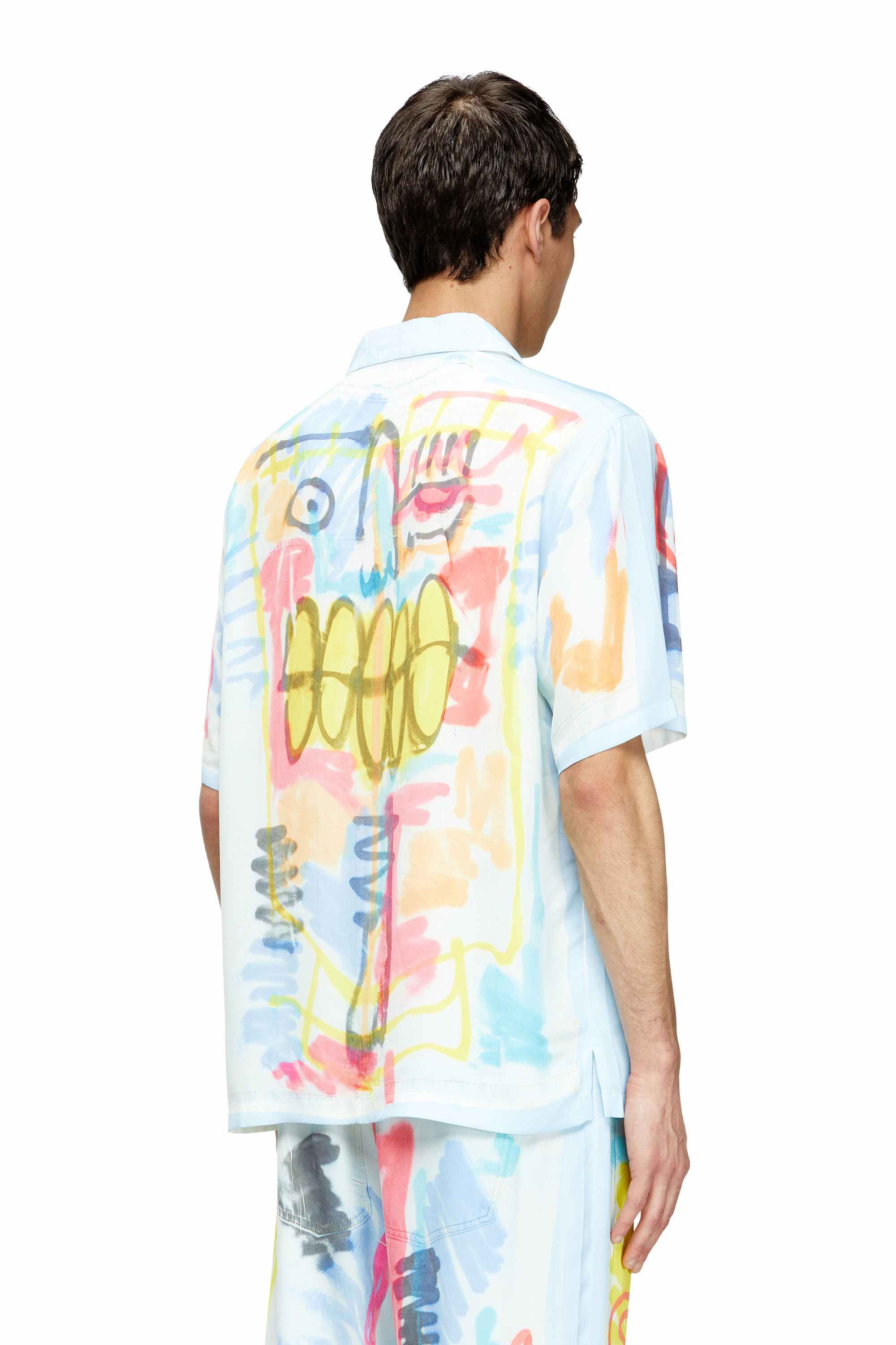 Blue Satin bowling shirt with graffiti print