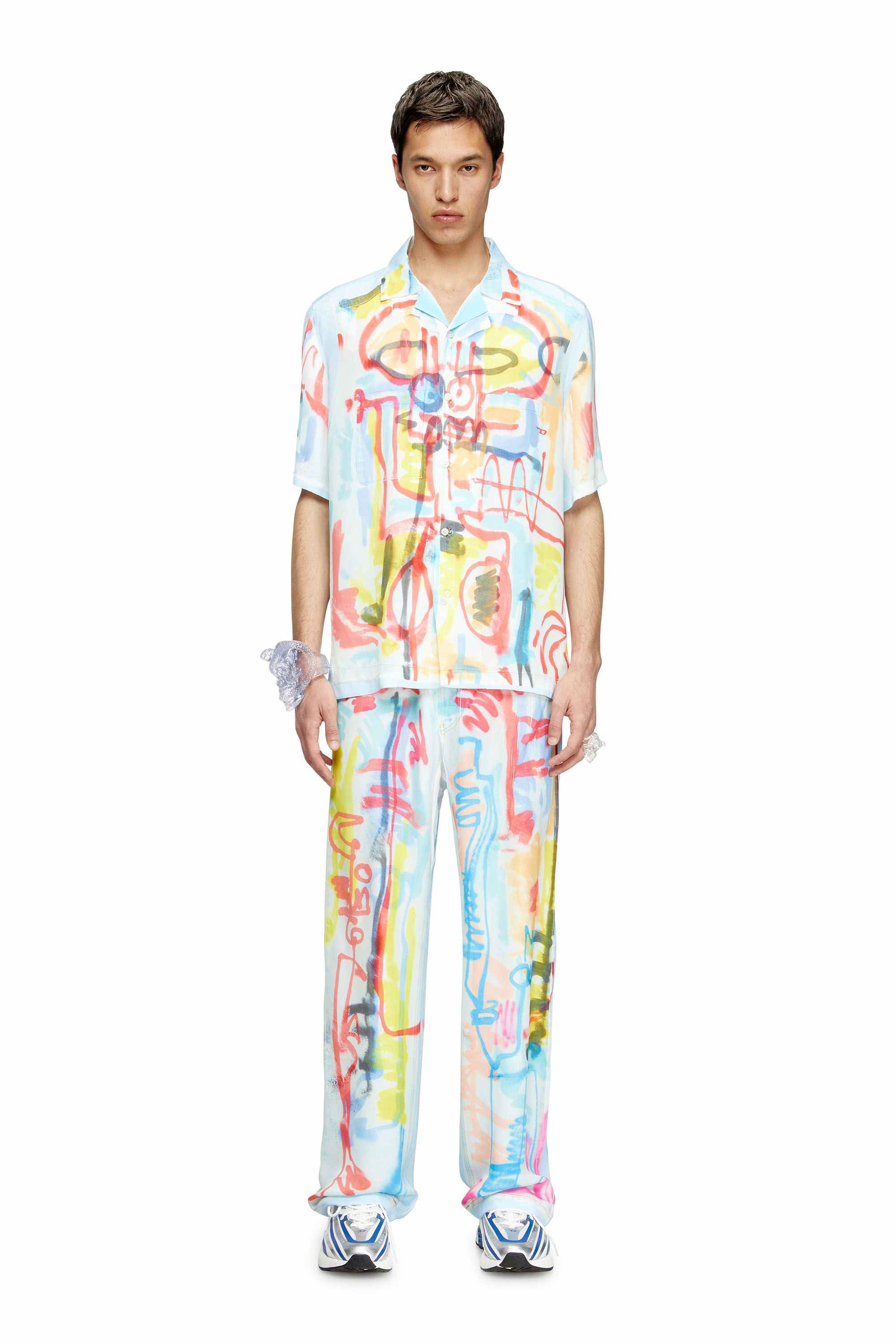 Blue Satin bowling shirt with graffiti print