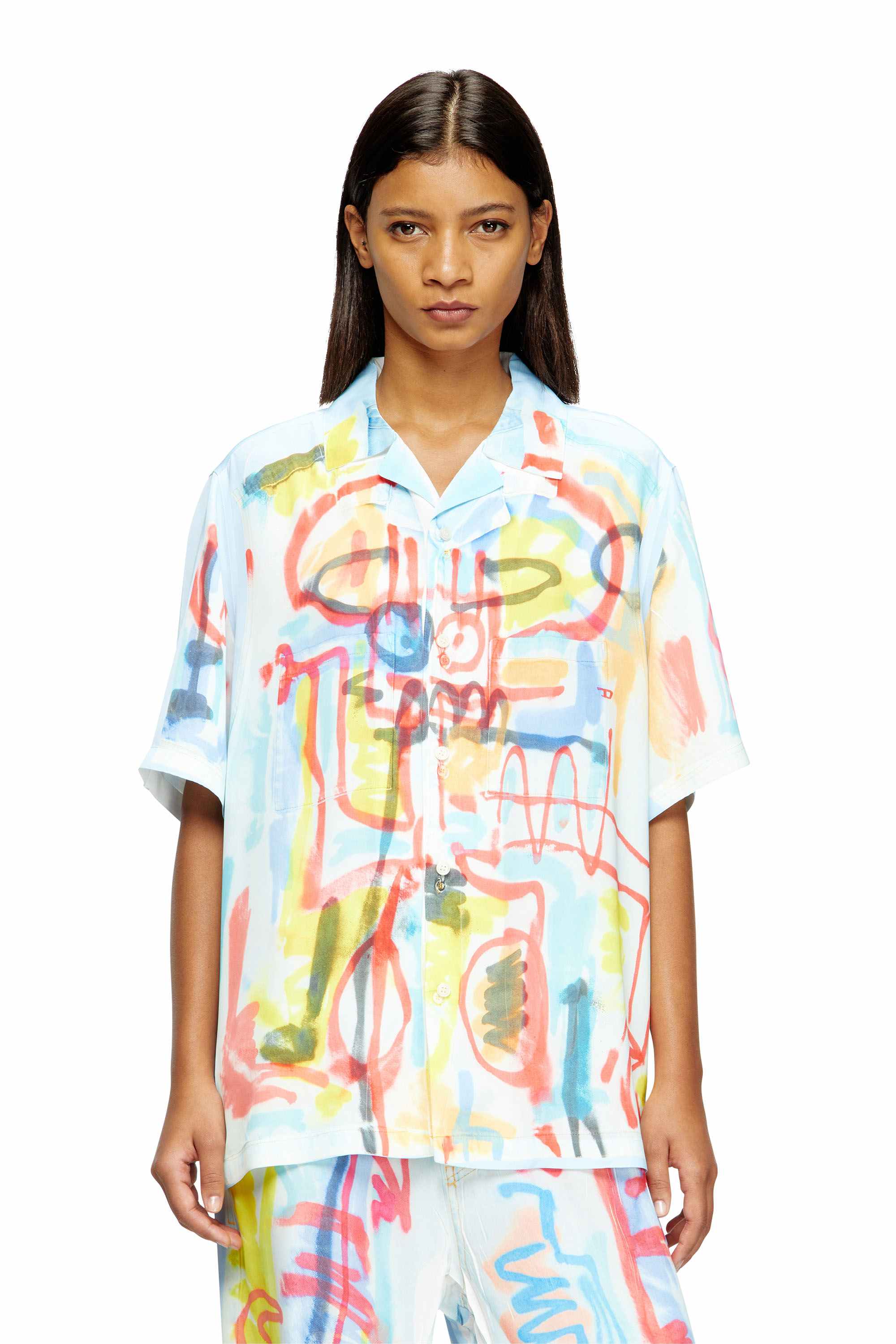 Blue Satin bowling shirt with graffiti print