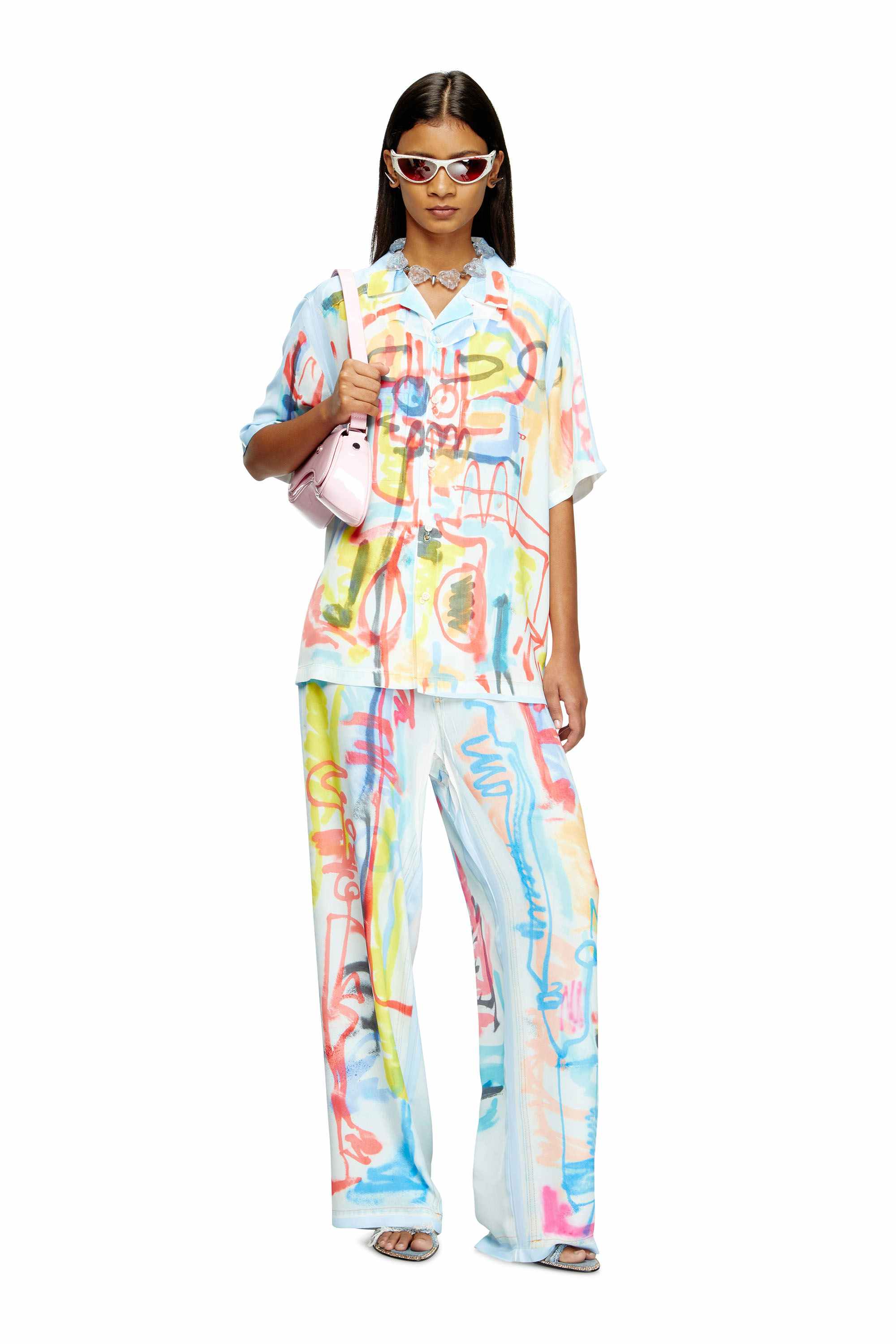 Blue Satin bowling shirt with graffiti print