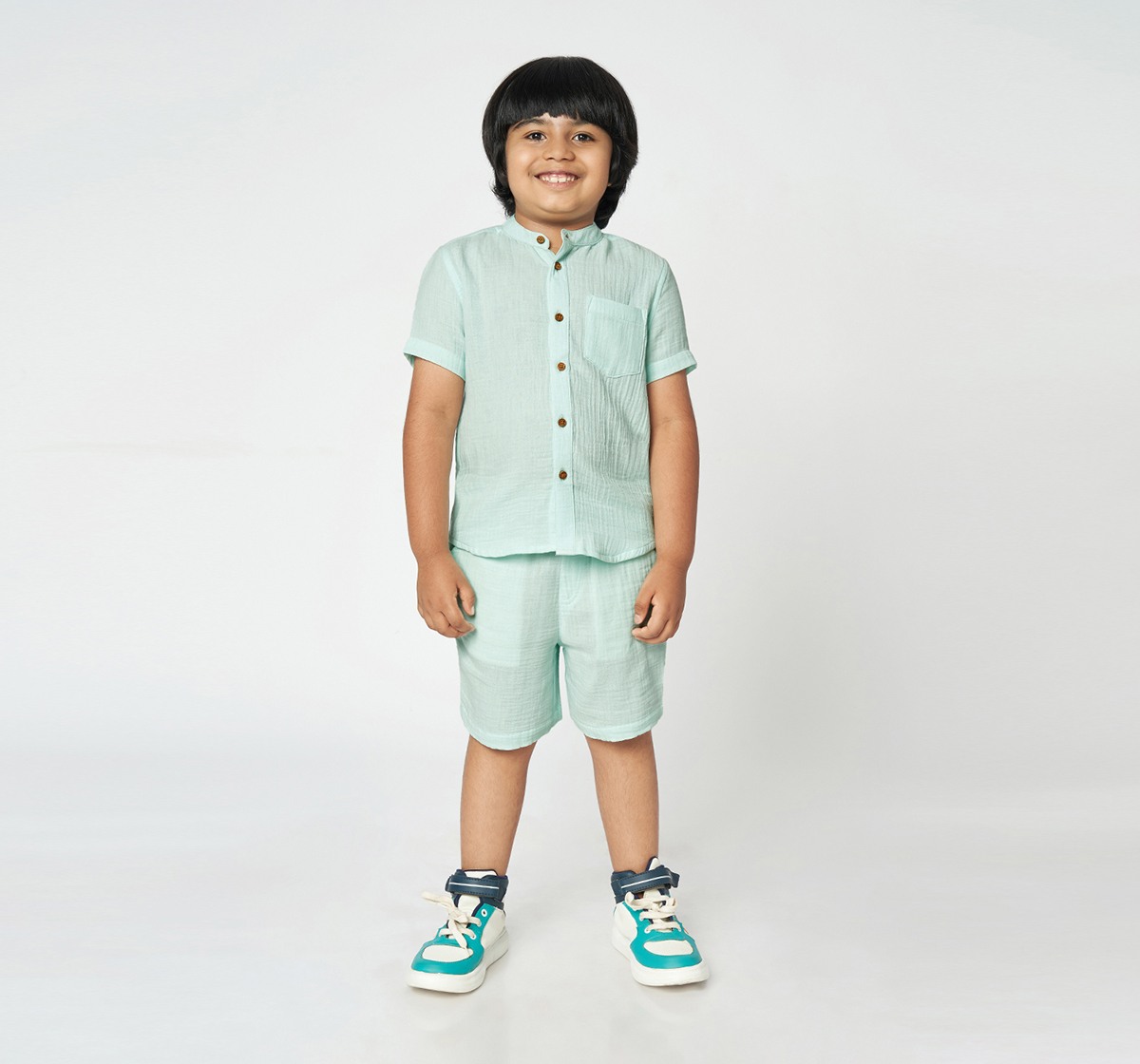 Ed-a-Mamma Boys Solid Double cloth Shirt and Short set Blue