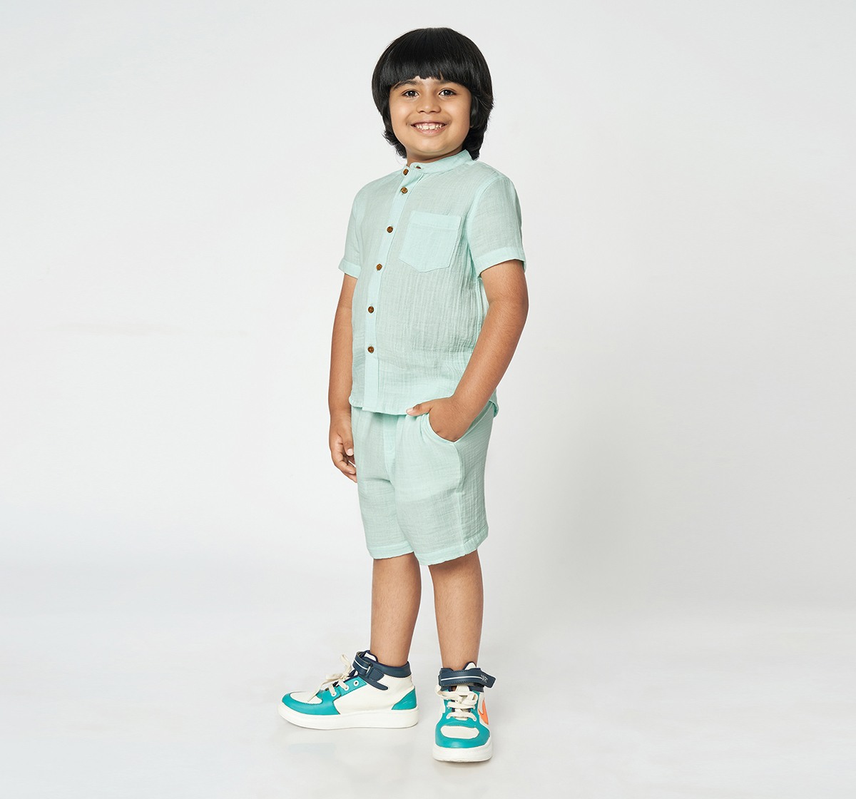 Ed-a-Mamma Boys Solid Double cloth Shirt and Short set Blue