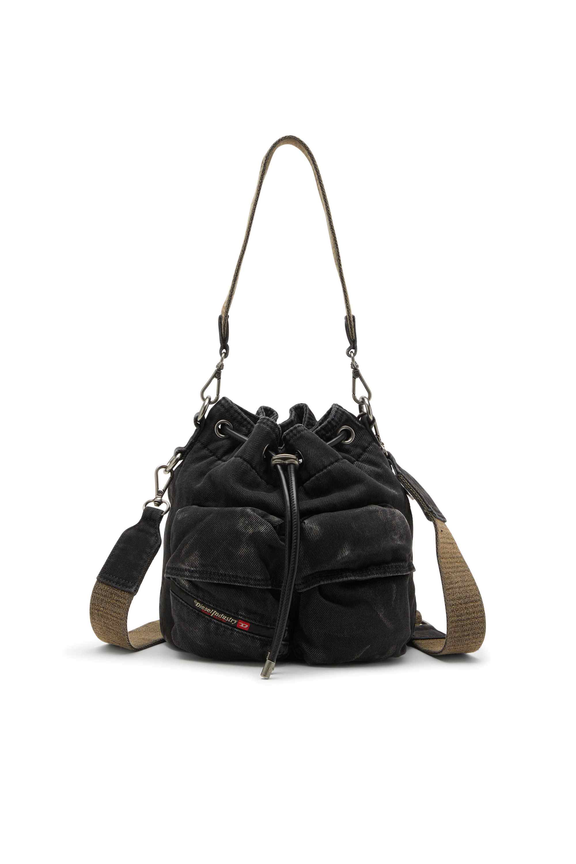 Black Multi-Pkts-Multipocket bucket bag in washed denim